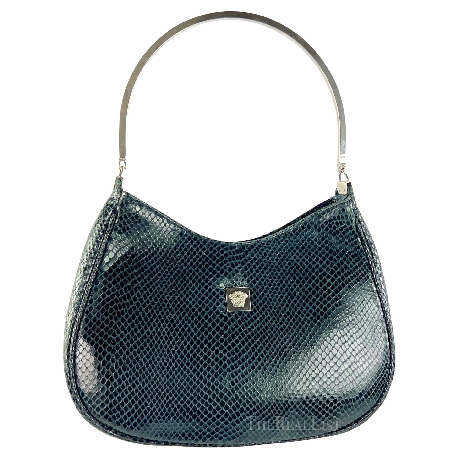 1990s Gianni Versace Couture Teal Python Metal Top Handle Shoulder Bag - RealList