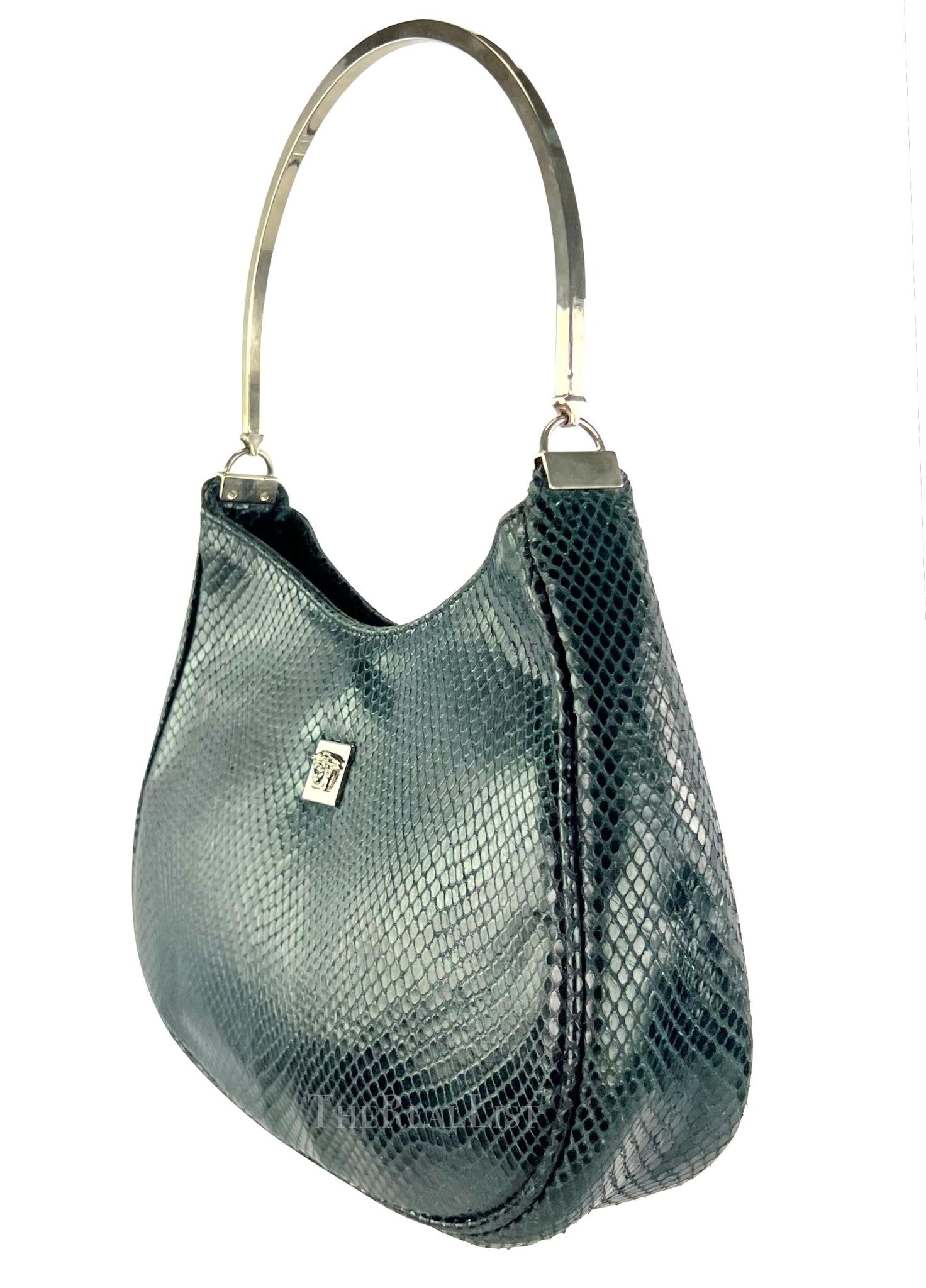 1990s Gianni Versace Couture Teal Python Metal Top Handle Shoulder Bag - RealList