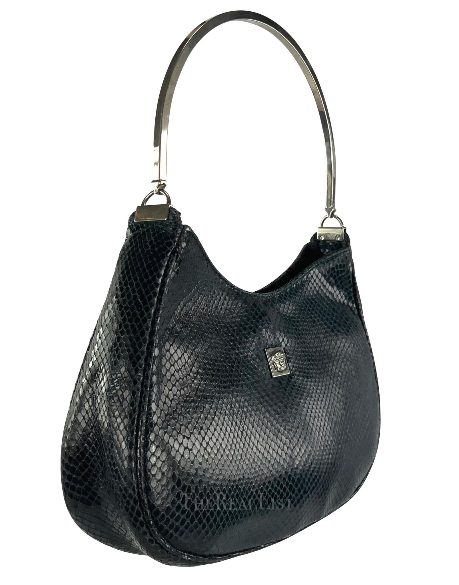 1990s Gianni Versace Couture Teal Python Metal Top Handle Shoulder Bag - RealList