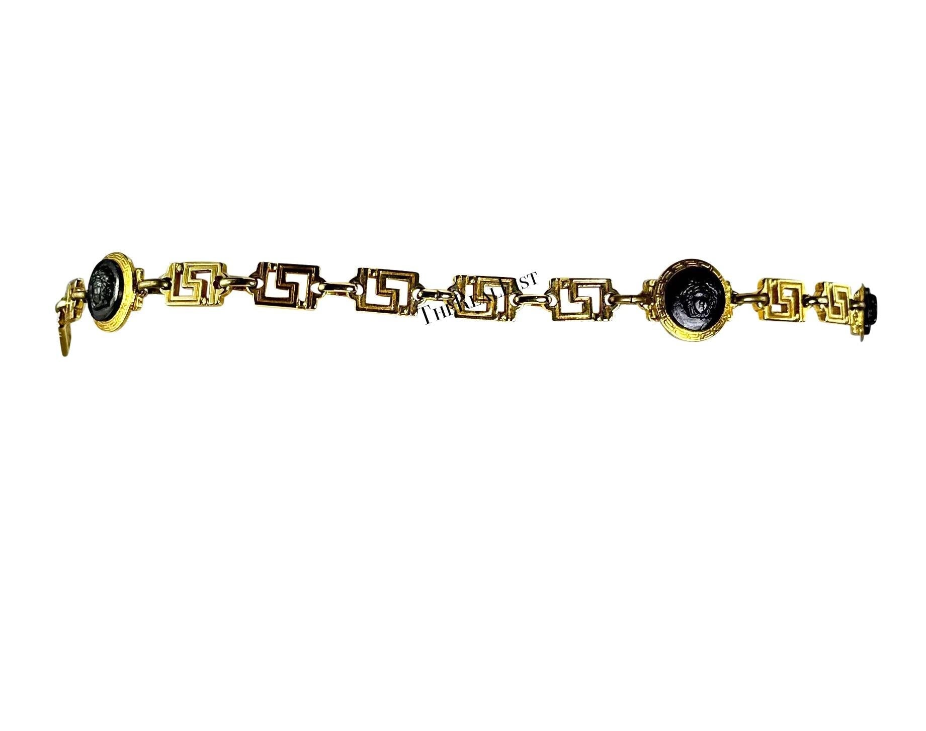 1990s Gianni Versace Double Chain Black Medusa Greek Key Gold Belt - RealList