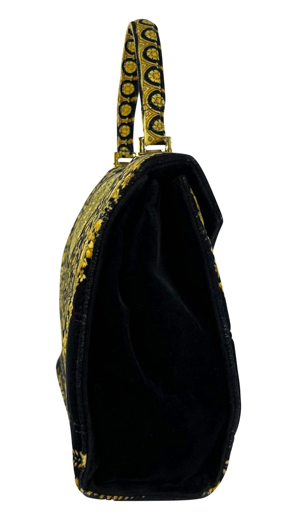 1990s Gianni Versace Gold Baroque Atelier Pattern Black Velvet Top Handle Bag - RealList