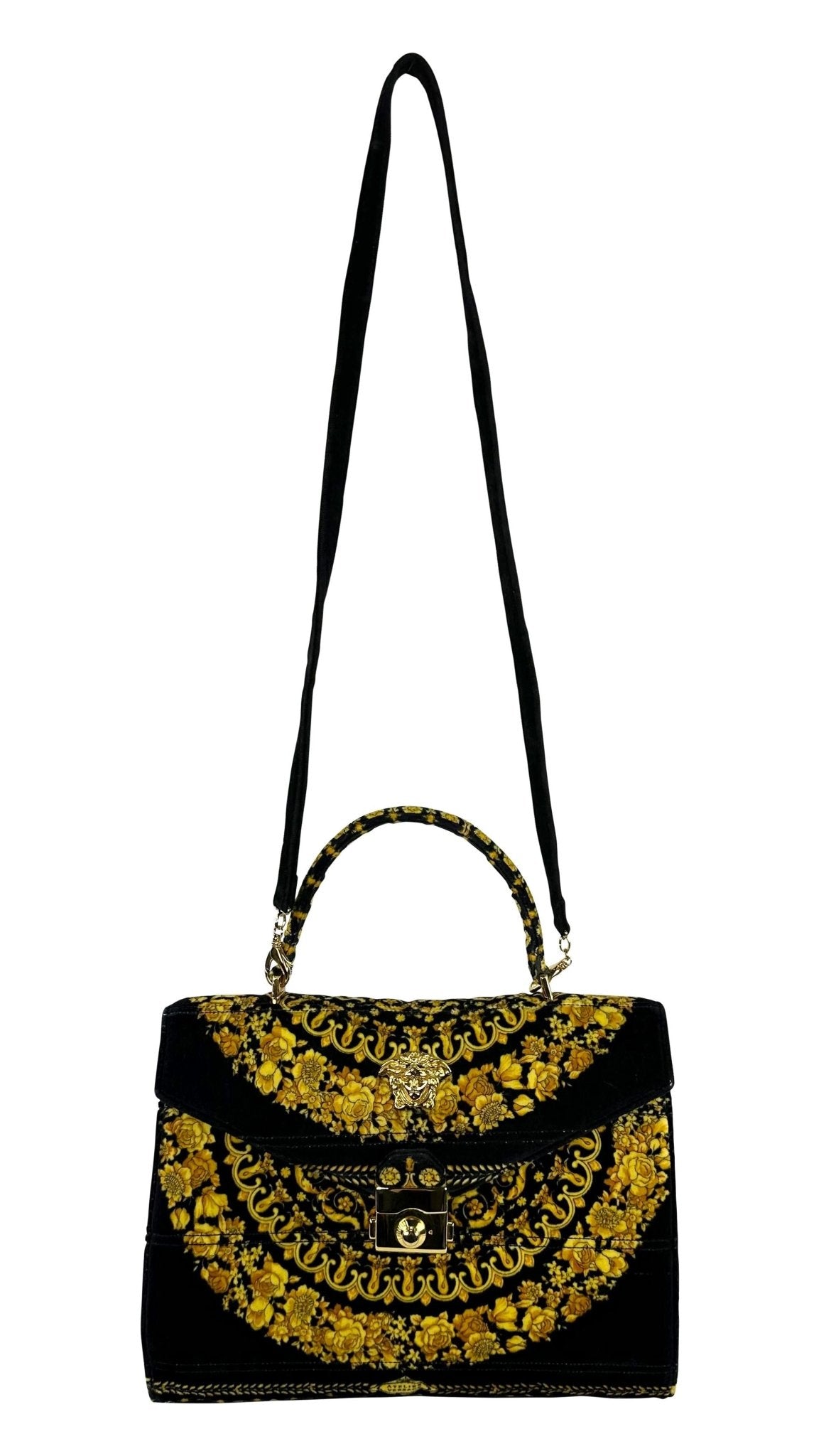 1990s Gianni Versace Gold Baroque Atelier Pattern Black Velvet Top Handle Bag - RealList