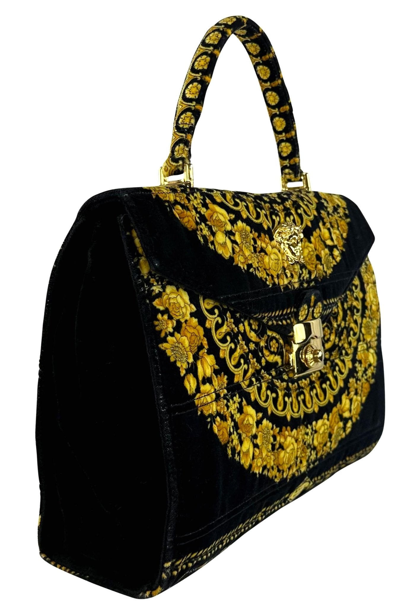 1990s Gianni Versace Gold Baroque Atelier Pattern Black Velvet Top Handle Bag - RealList