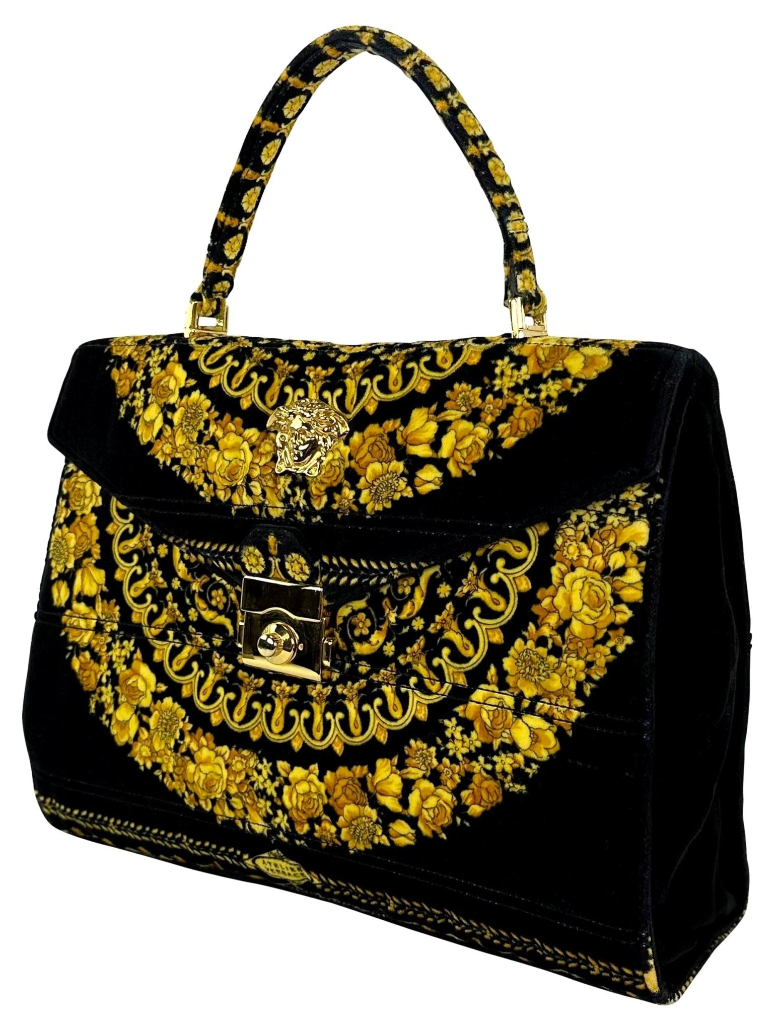 1990s Gianni Versace Gold Baroque Atelier Pattern Black Velvet Top Handle Bag - RealList