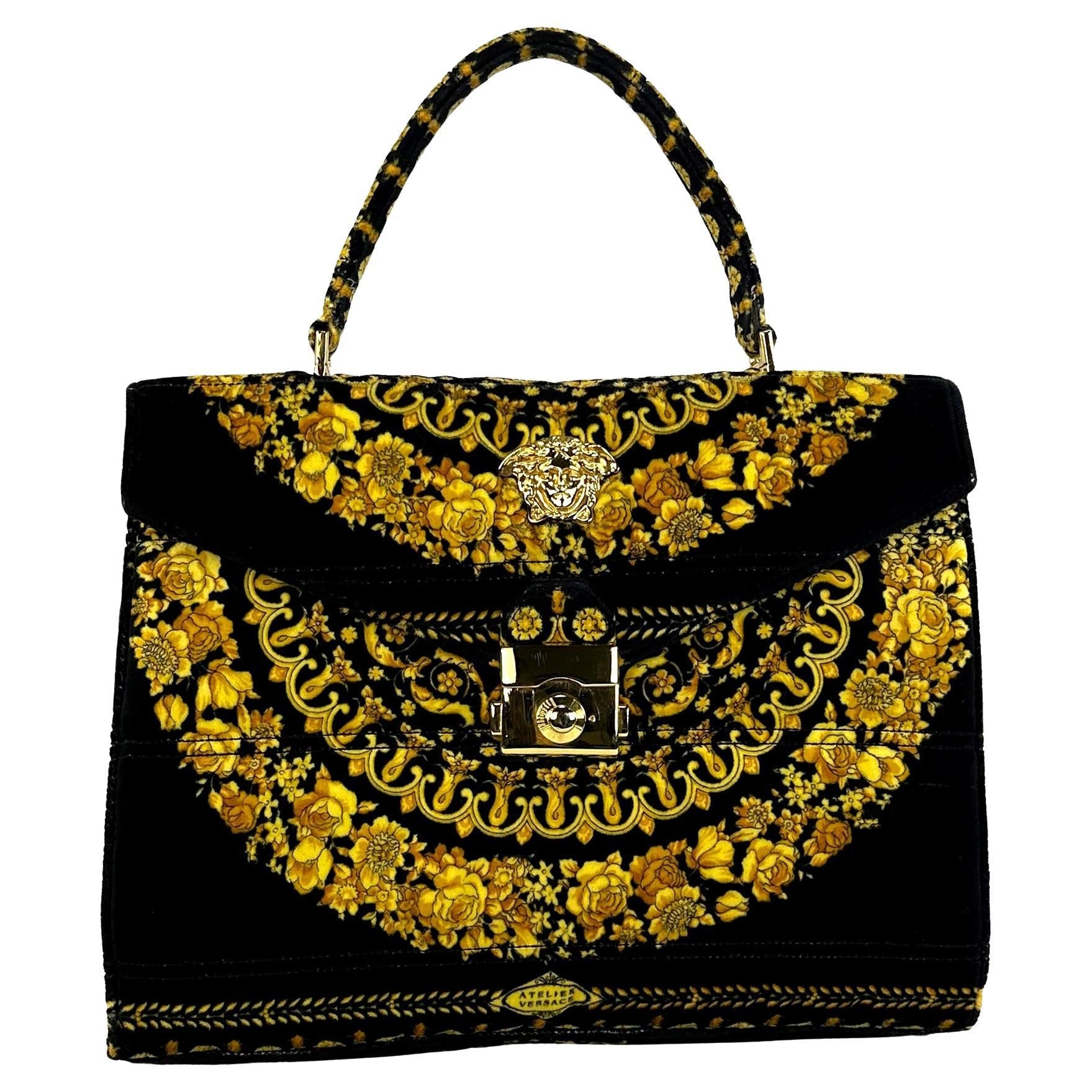 1990s Gianni Versace Gold Baroque Atelier Pattern Black Velvet Top Handle Bag - RealList
