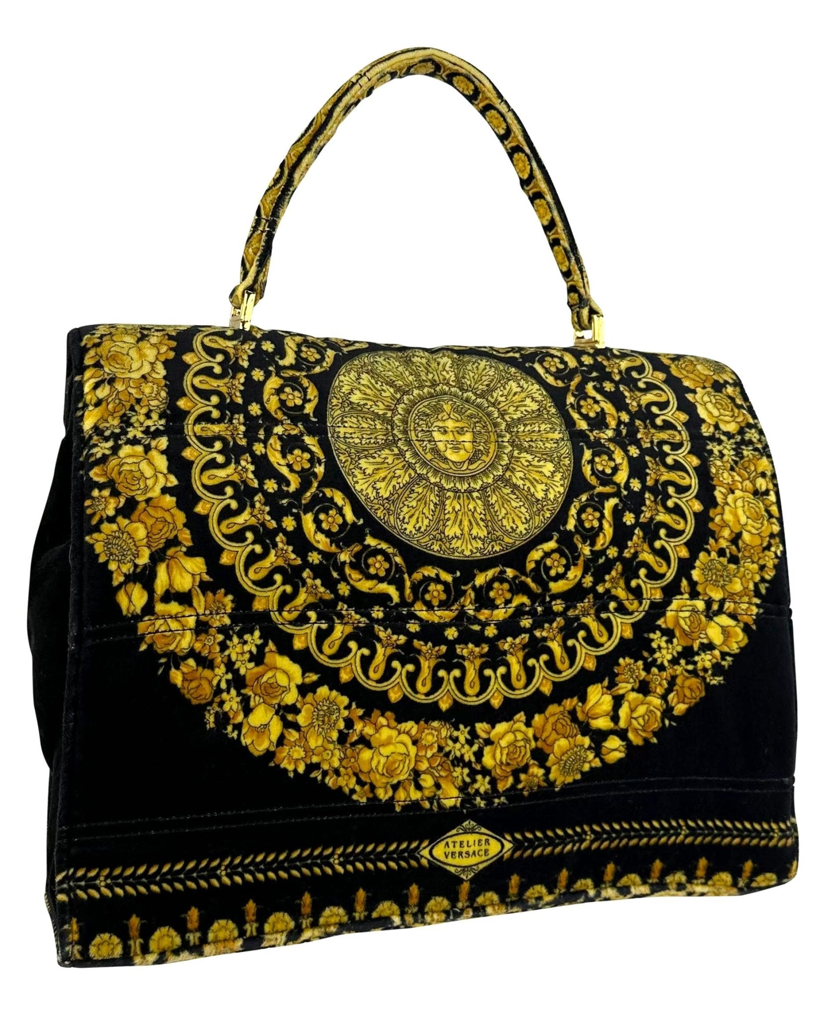1990s Gianni Versace Gold Baroque Atelier Pattern Black Velvet Top Handle Bag - RealList