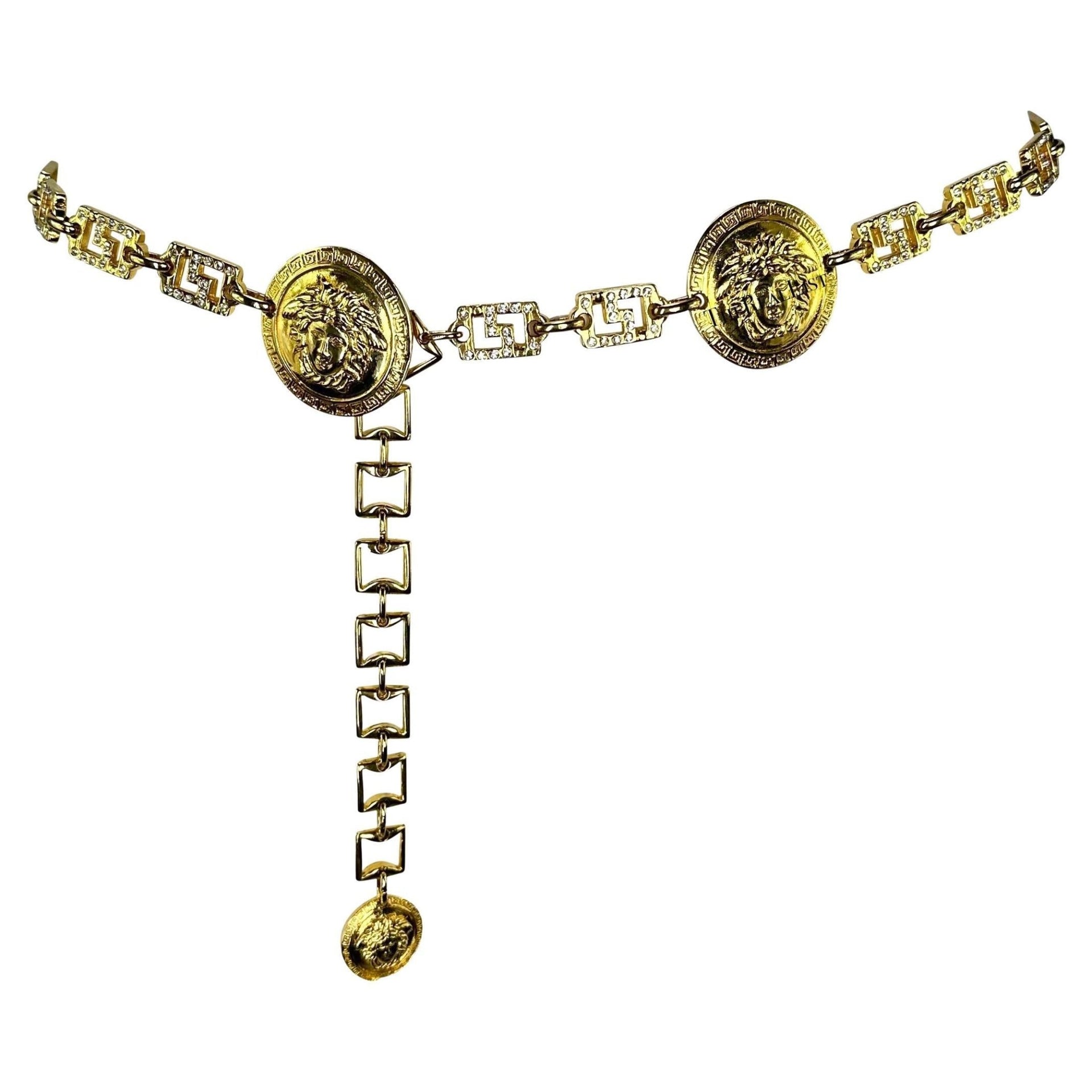 1990s Gianni Versace Gold Tone Rhinestone Greek Key Medusa Medallion Chain Belt - RealList