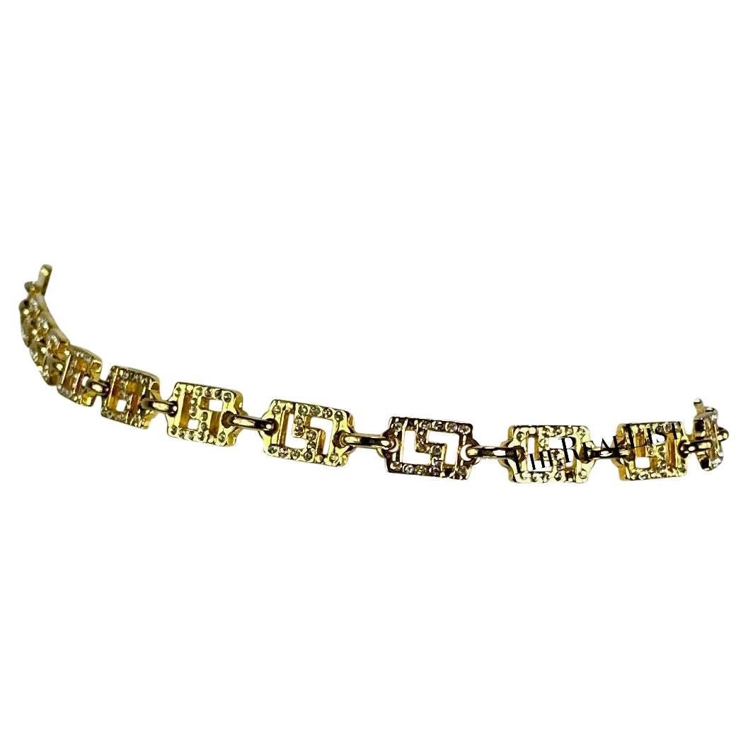 1990s Gianni Versace Gold Tone Rhinestone Greek Key Medusa Medallion Chain Belt - RealList
