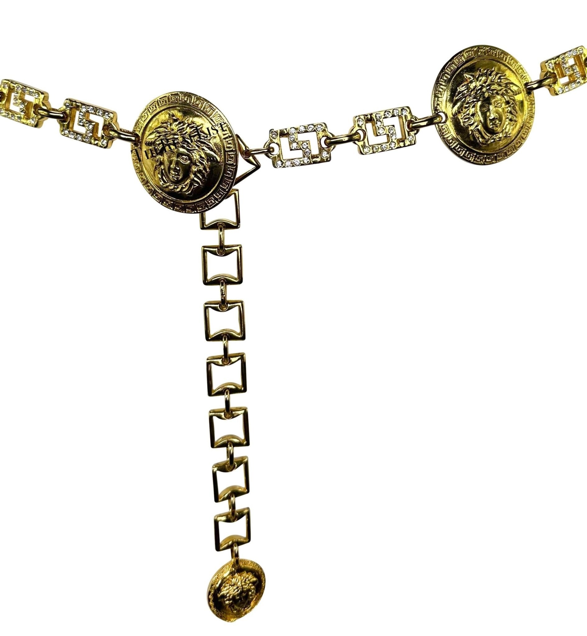 1990s Gianni Versace Gold Tone Rhinestone Greek Key Medusa Medallion Chain Belt - RealList