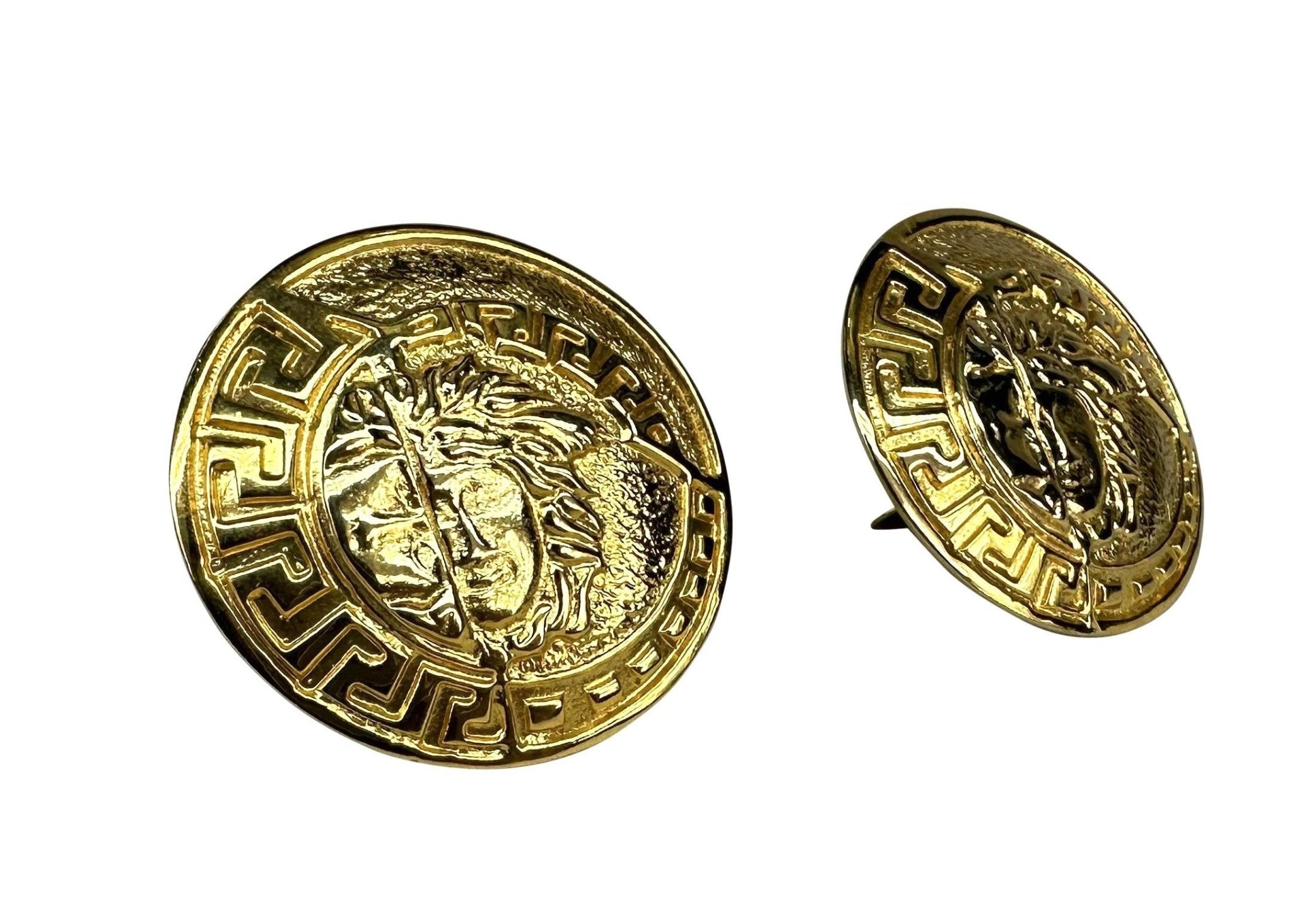 1990s Gianni Versace Large Round Gold Medusa Logo Costume Clip on Earrings - RealList