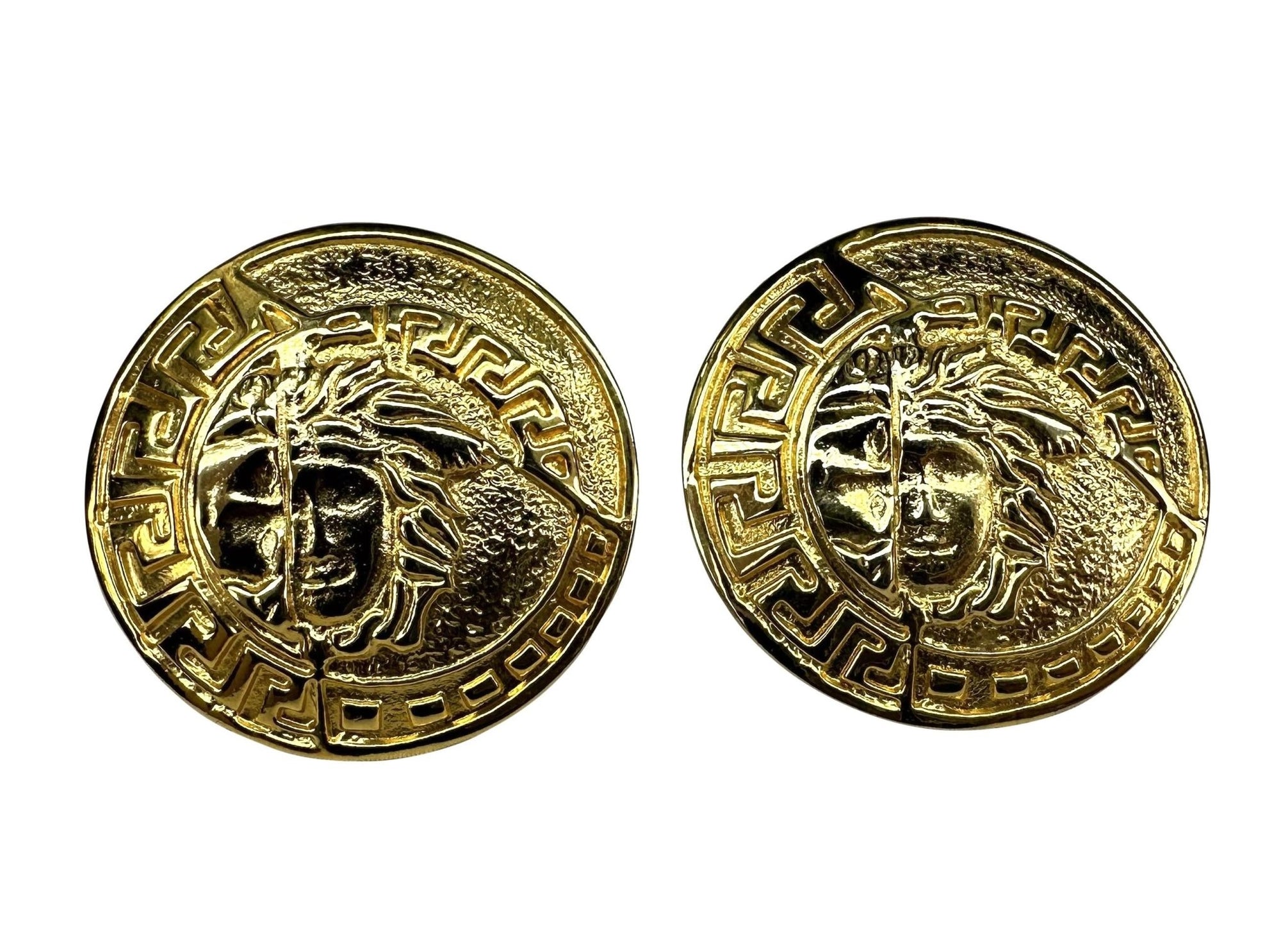 1990s Gianni Versace Large Round Gold Medusa Logo Costume Clip on Earrings - RealList