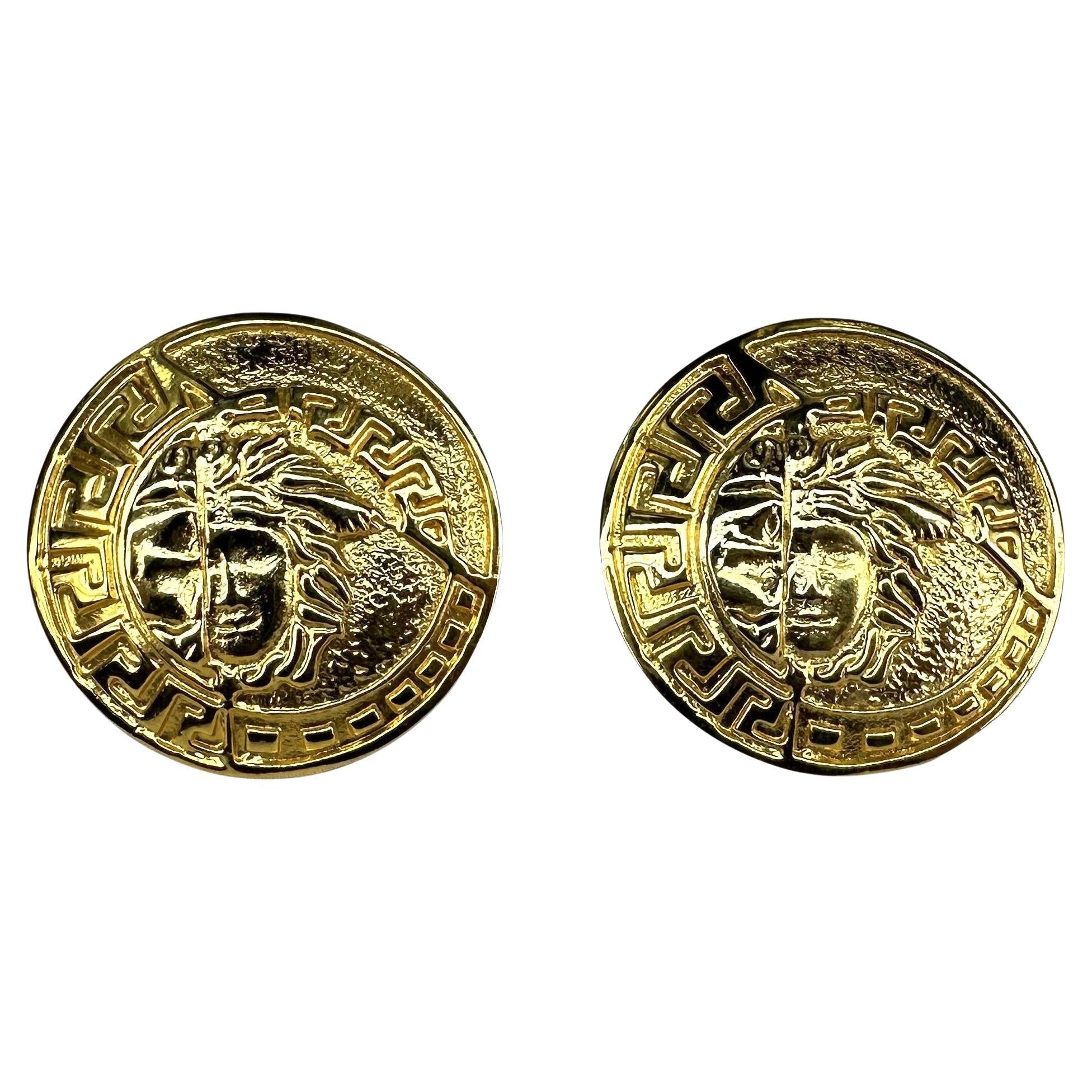 1990s Gianni Versace Large Round Gold Medusa Logo Costume Clip on Earrings - RealList