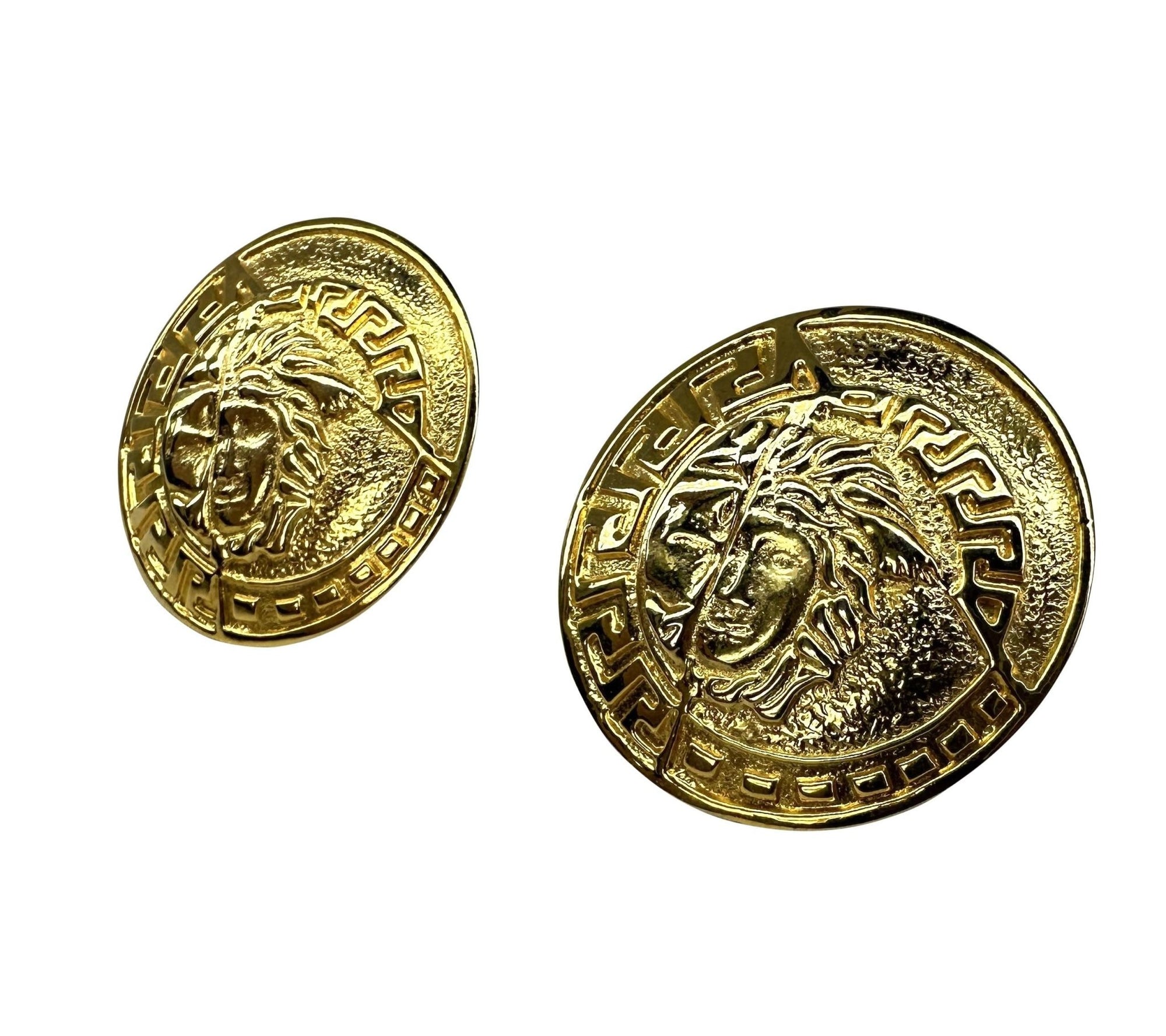 1990s Gianni Versace Large Round Gold Medusa Logo Costume Clip on Earrings - RealList