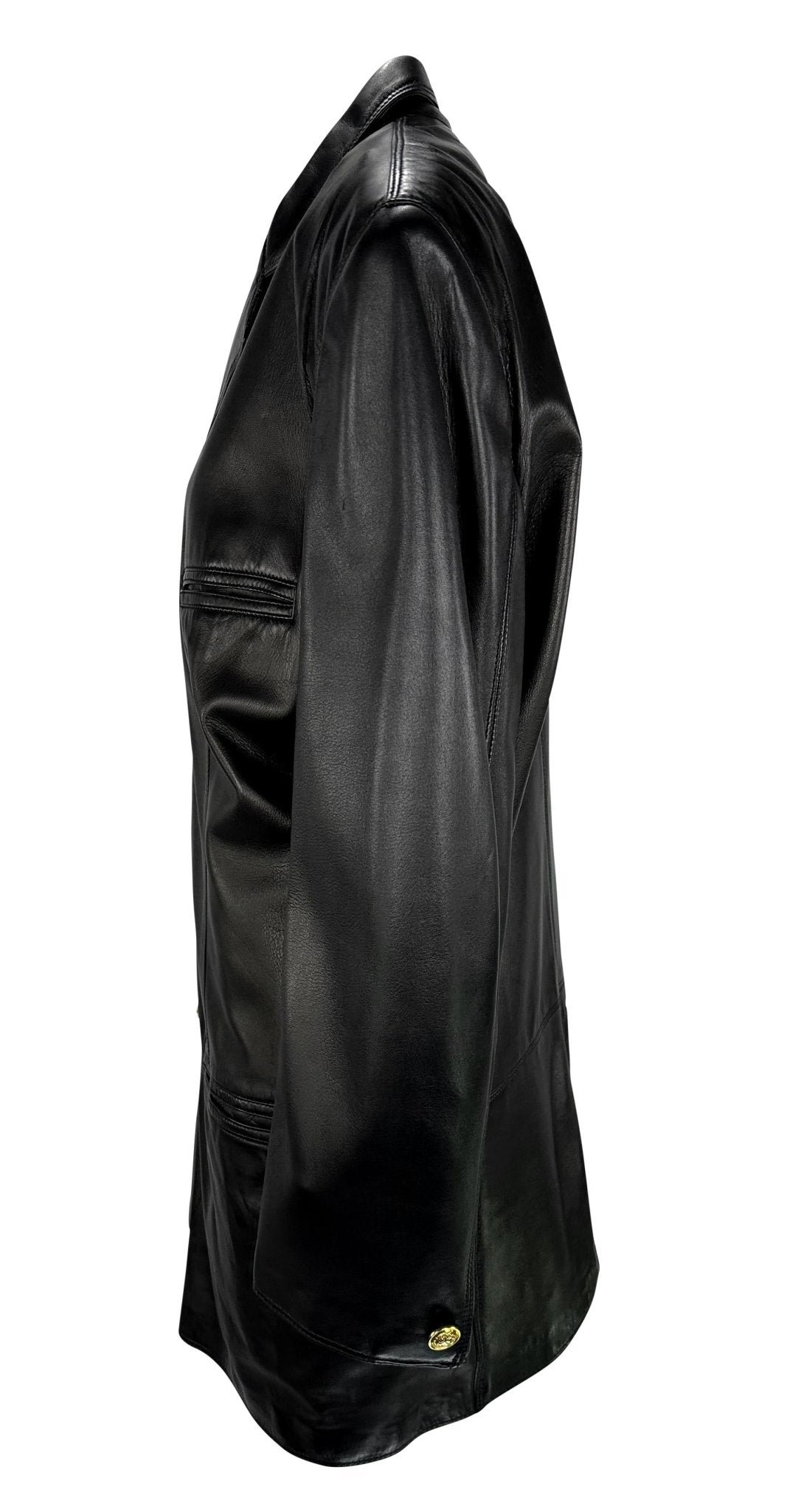 1990s Gianni Versace Mens Black Leather Blazer Jacket Gold Medusa Buttons - RealList