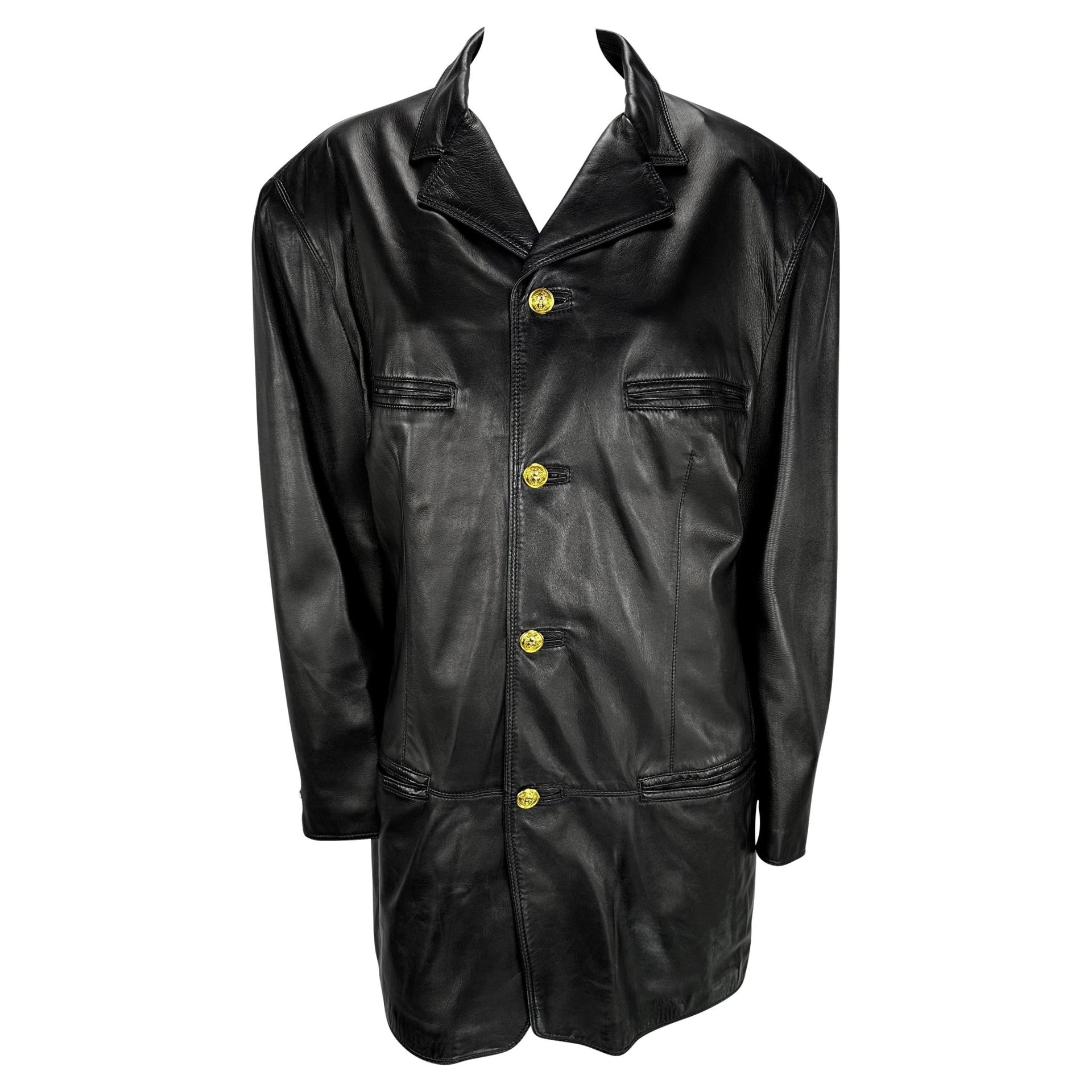 1990s Gianni Versace Mens Black Leather Blazer Jacket Gold Medusa Buttons - RealList