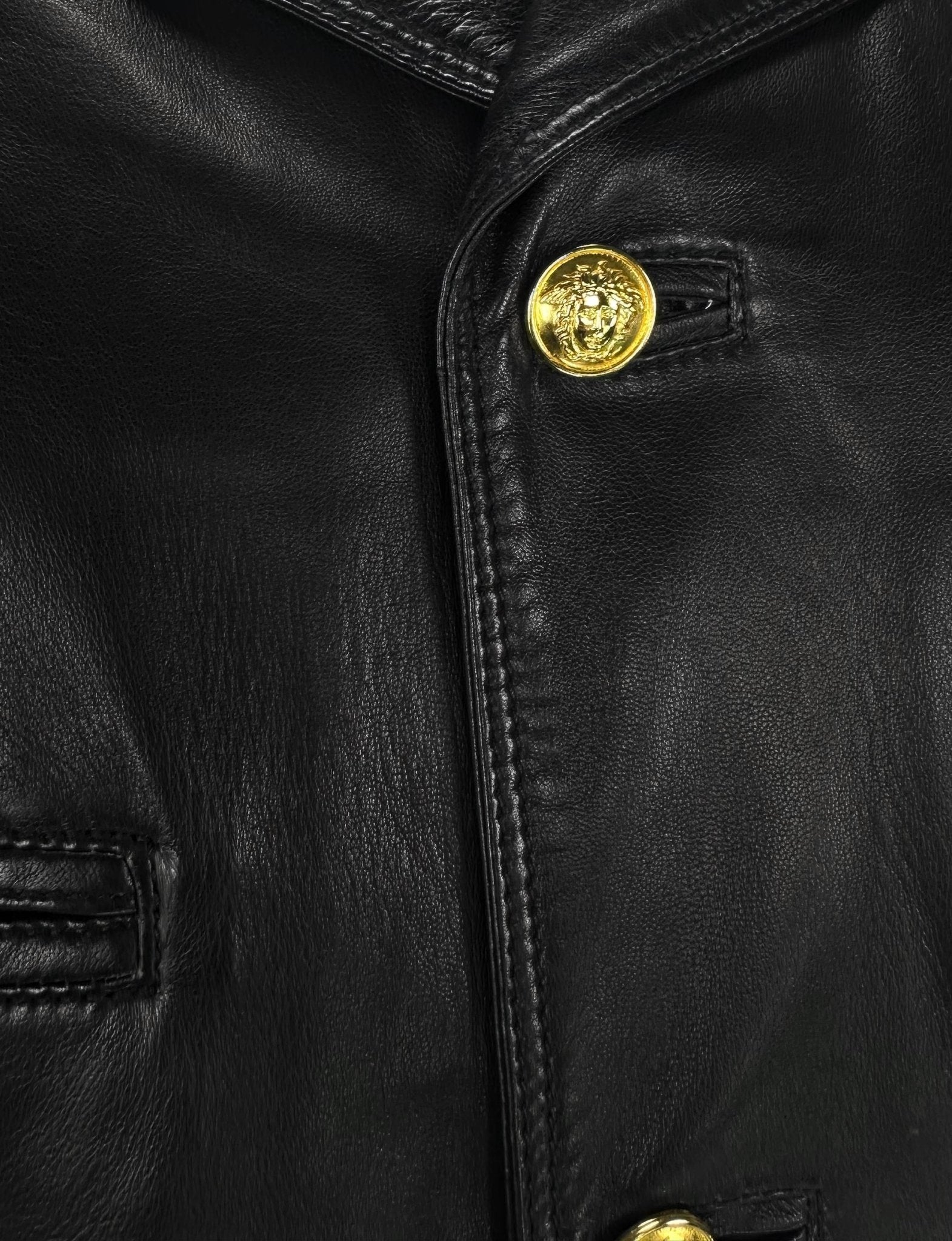 1990s Gianni Versace Mens Black Leather Blazer Jacket Gold Medusa Buttons - RealList