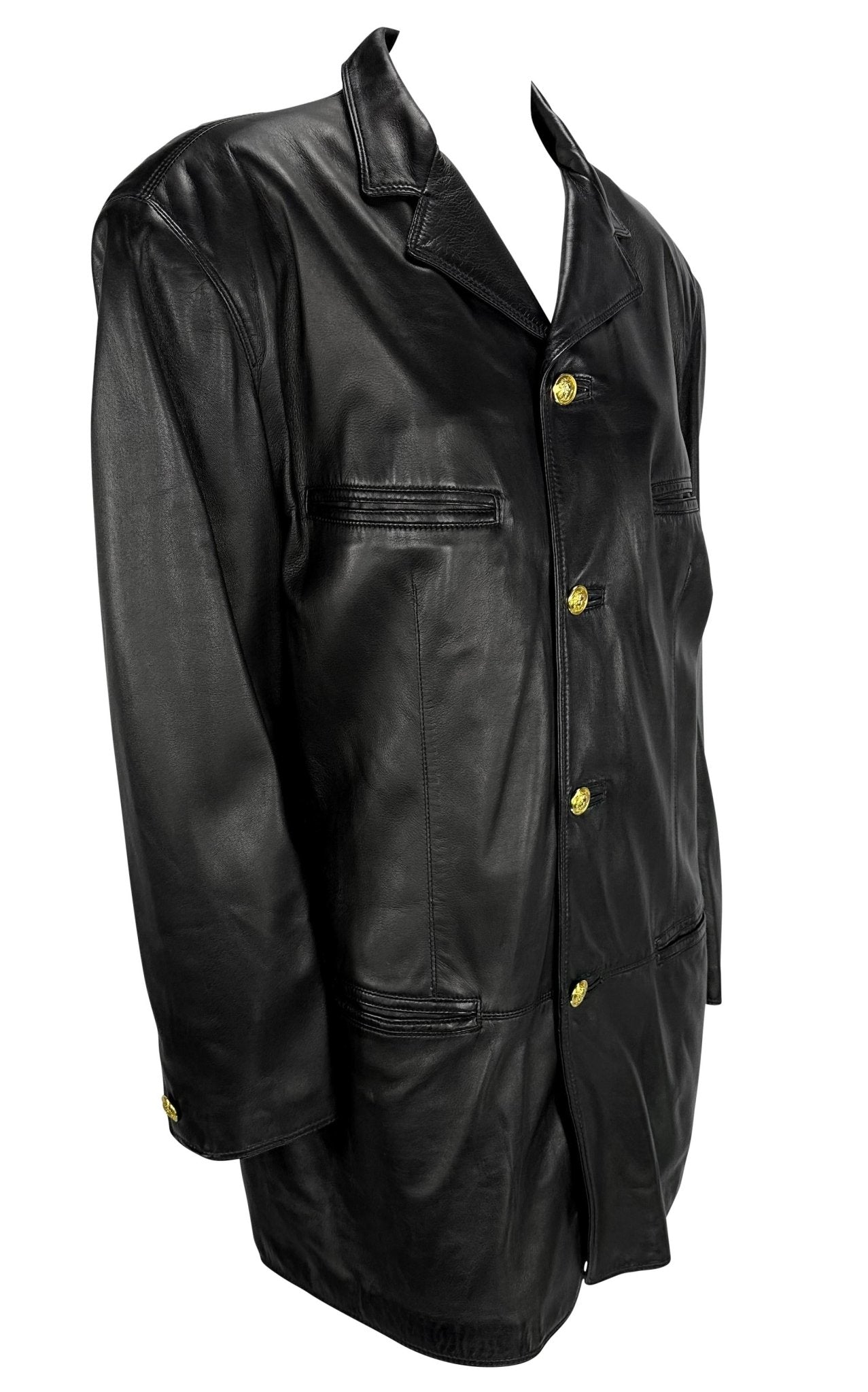 1990s Gianni Versace Mens Black Leather Blazer Jacket Gold Medusa Buttons - RealList