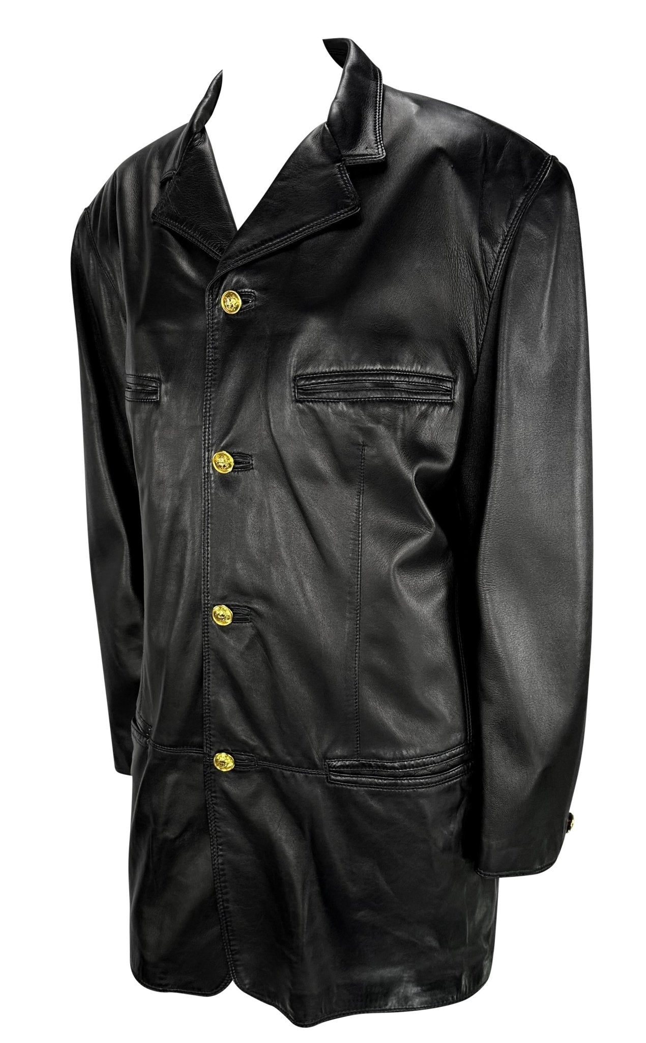 1990s Gianni Versace Mens Black Leather Blazer Jacket Gold Medusa Buttons - RealList