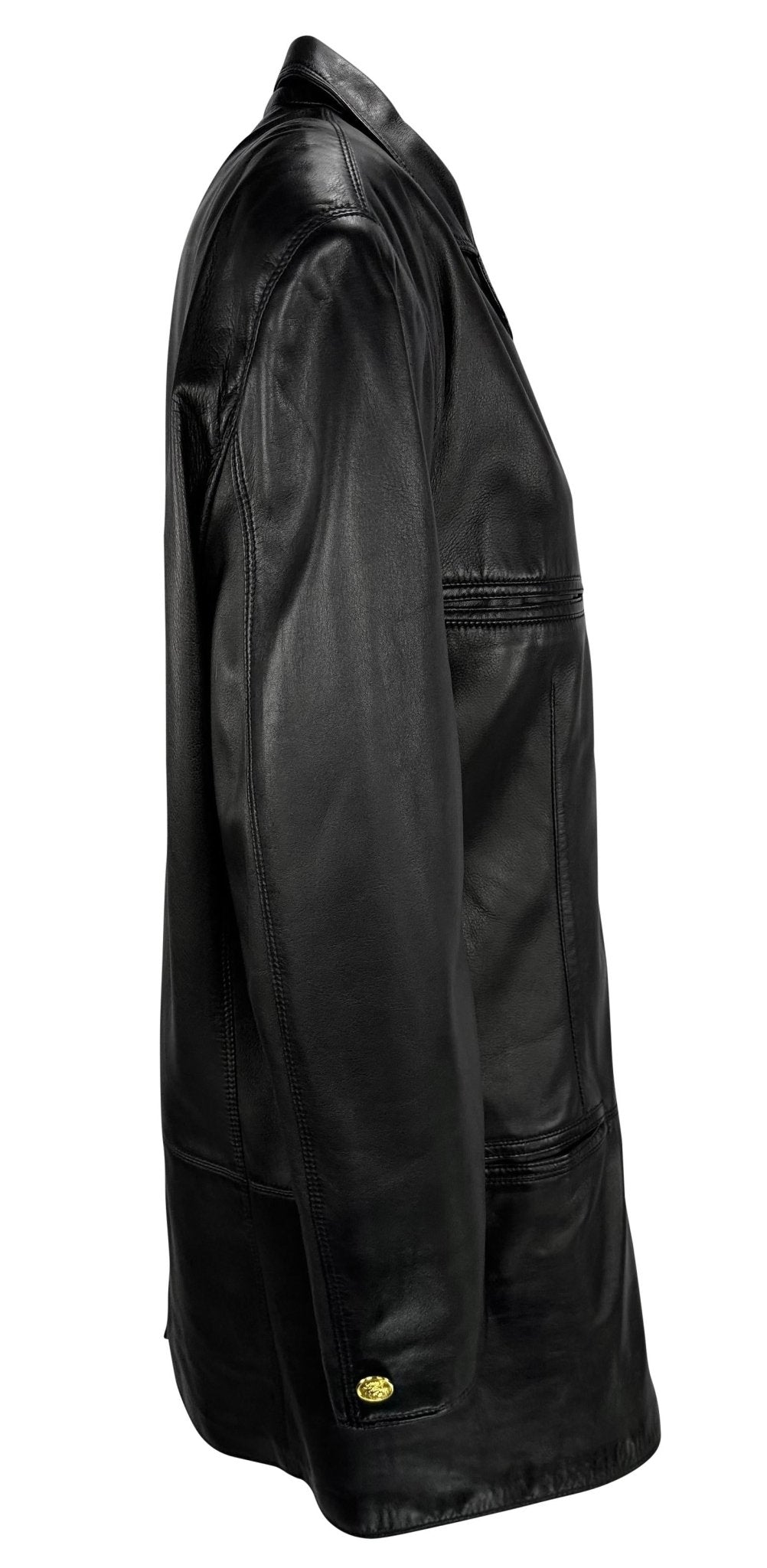 1990s Gianni Versace Mens Black Leather Blazer Jacket Gold Medusa Buttons - RealList