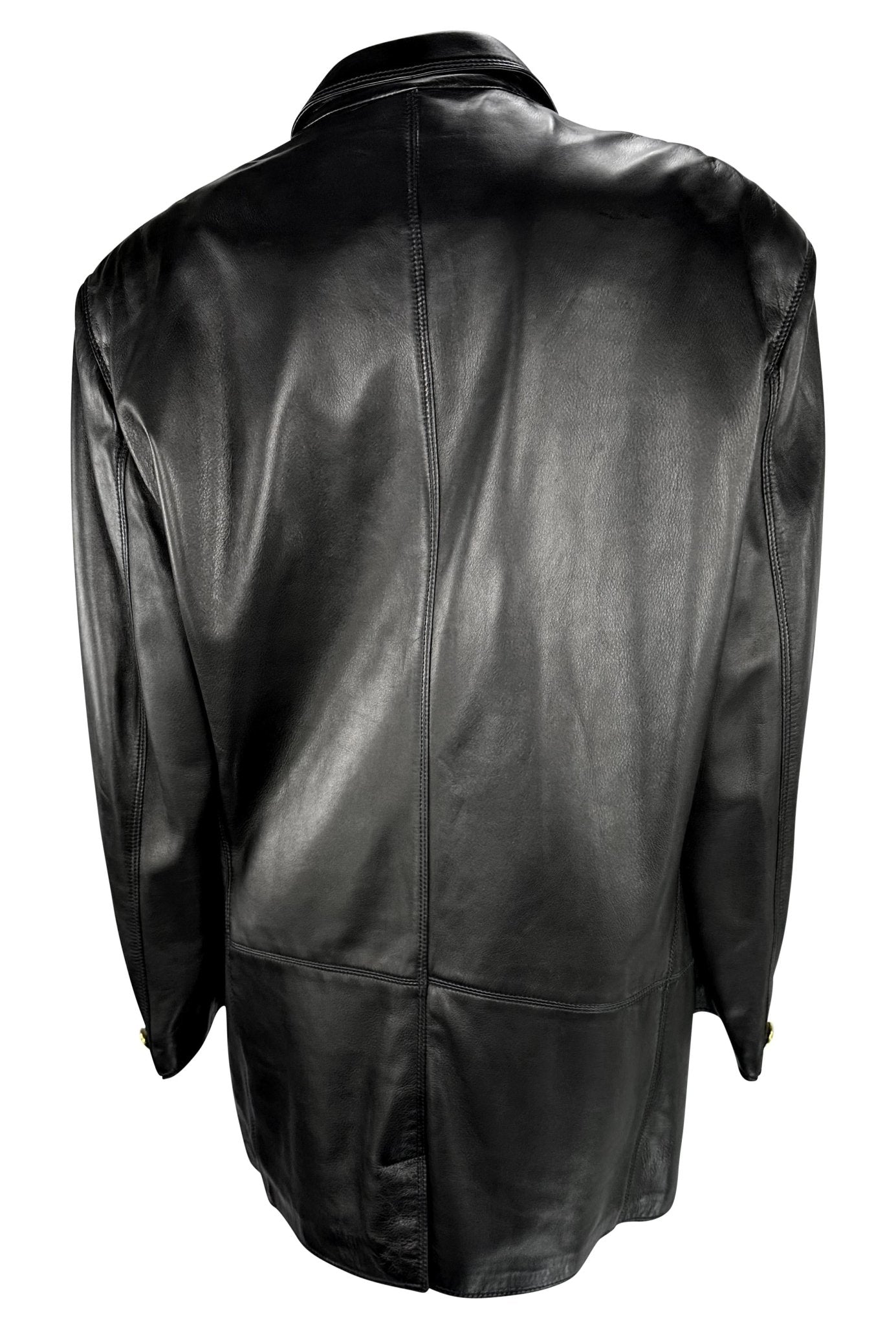 1990s Gianni Versace Mens Black Leather Blazer Jacket Gold Medusa Buttons - RealList