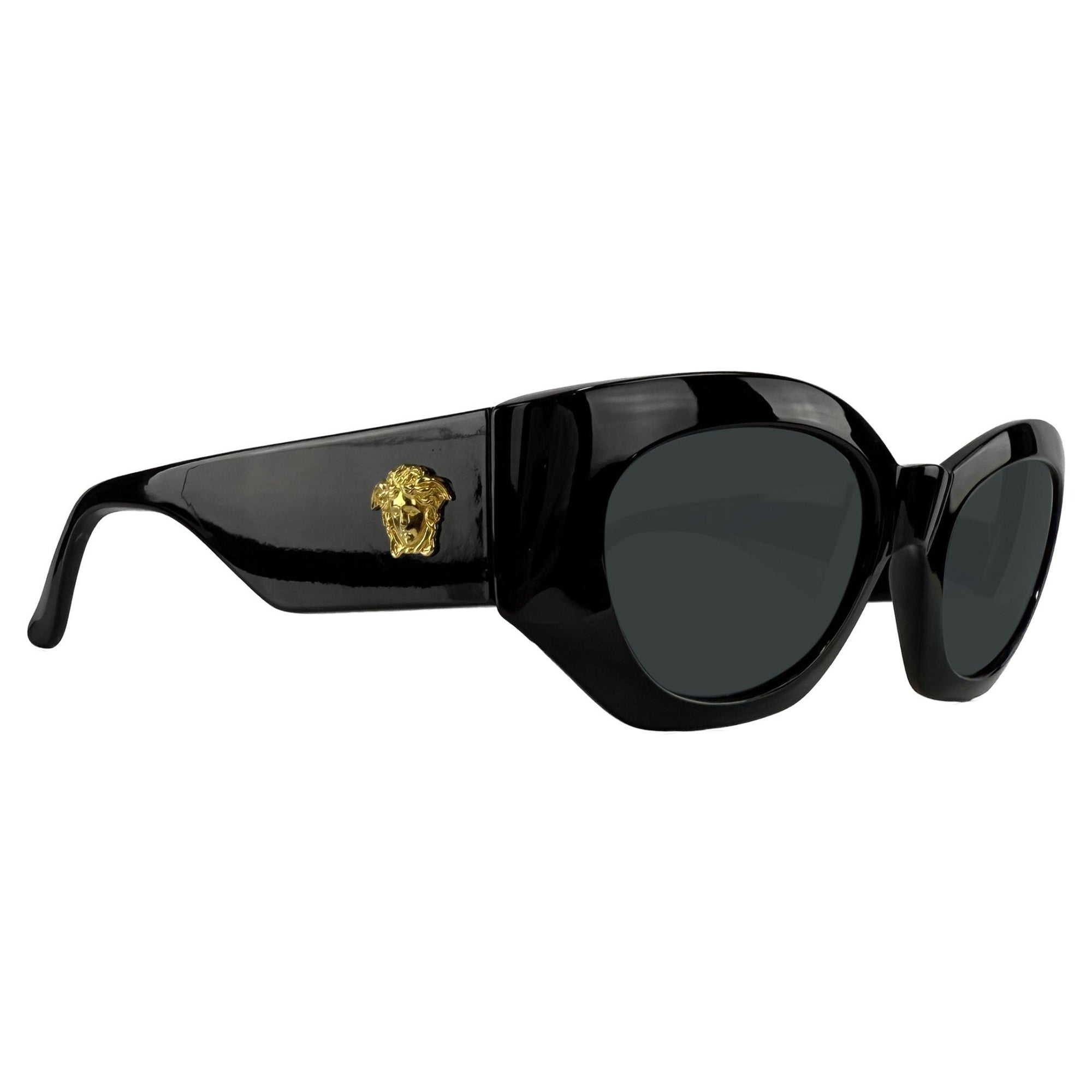 1990s Gianni Versace Oversized Black Acetate Gold Medusa Sunglasses - RealList