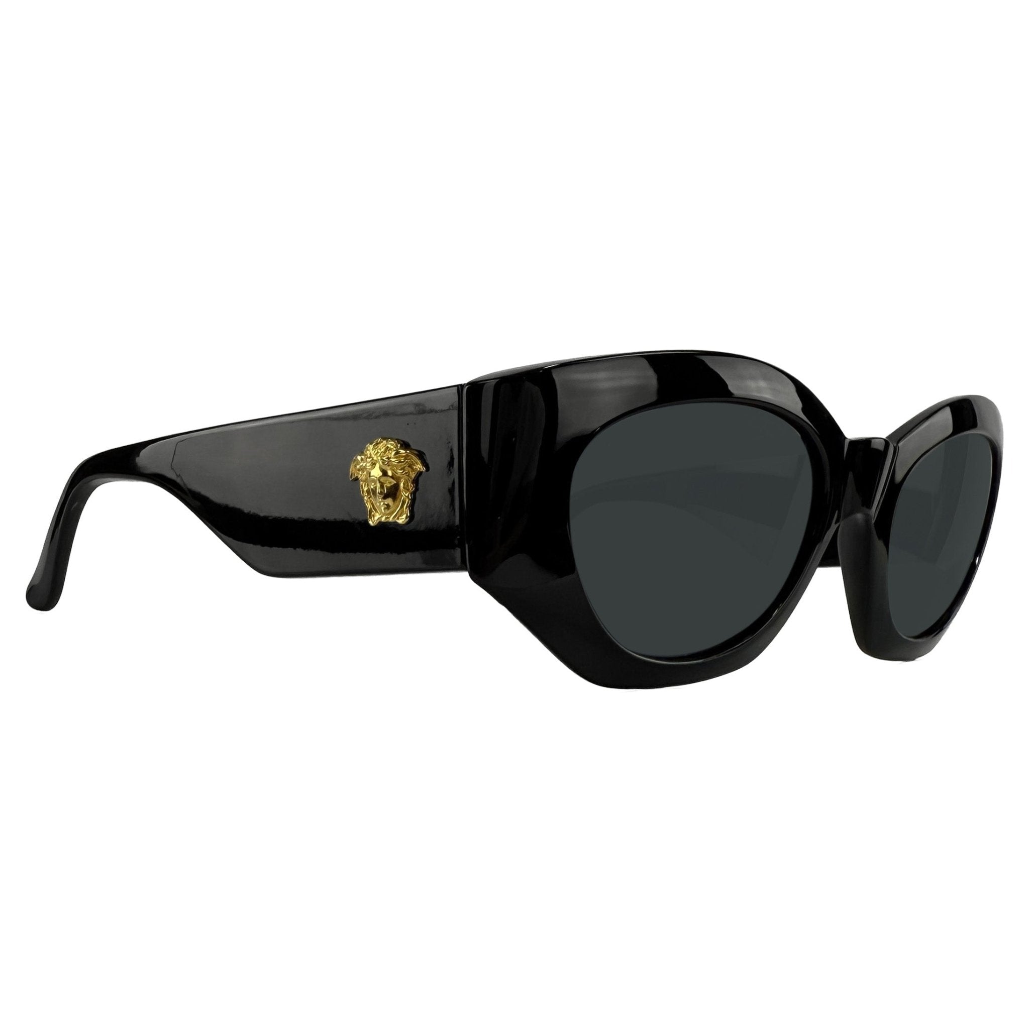 1990s Gianni Versace Oversized Black Acetate Gold Medusa Sunglasses - RealList