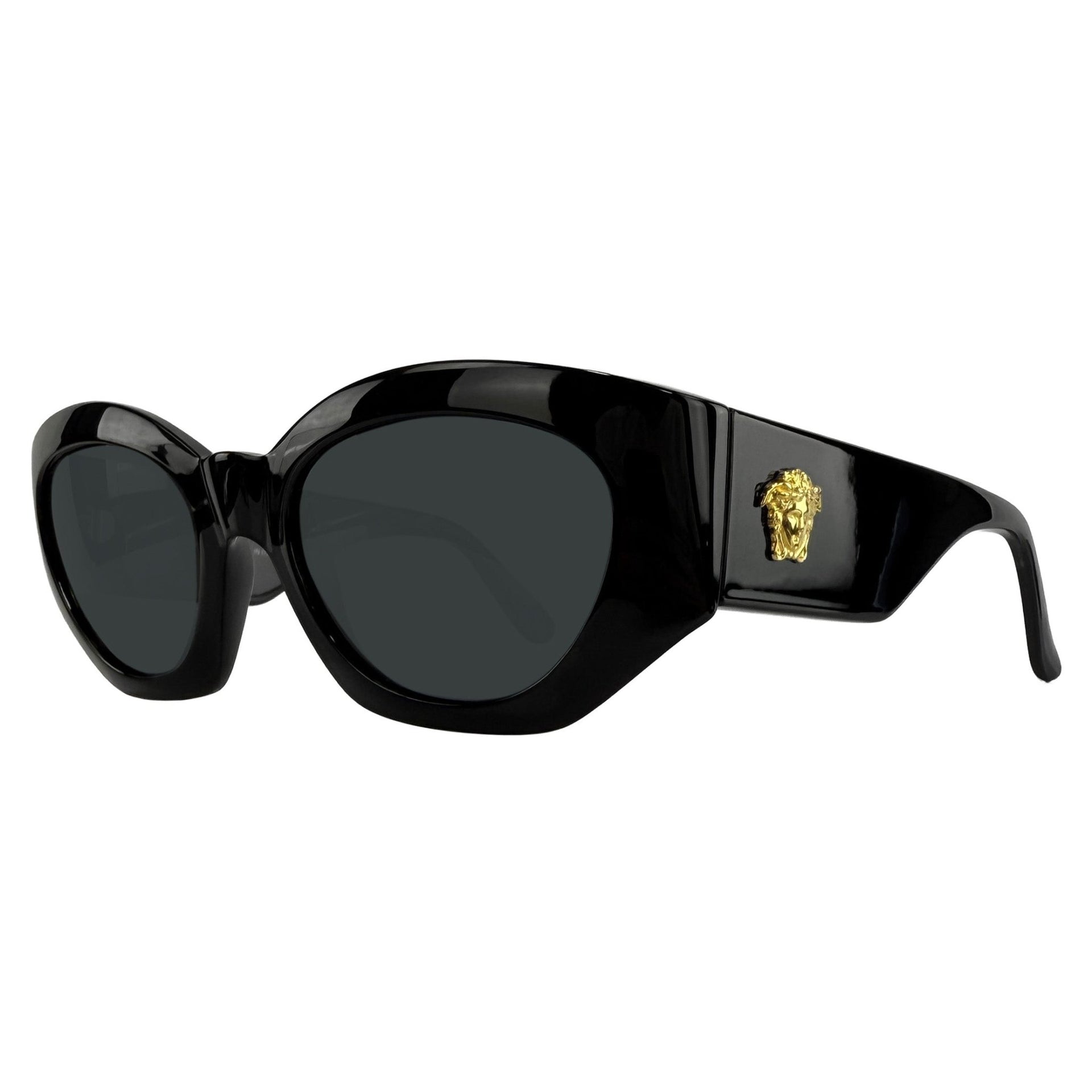 1990s Gianni Versace Oversized Black Acetate Gold Medusa Sunglasses - RealList