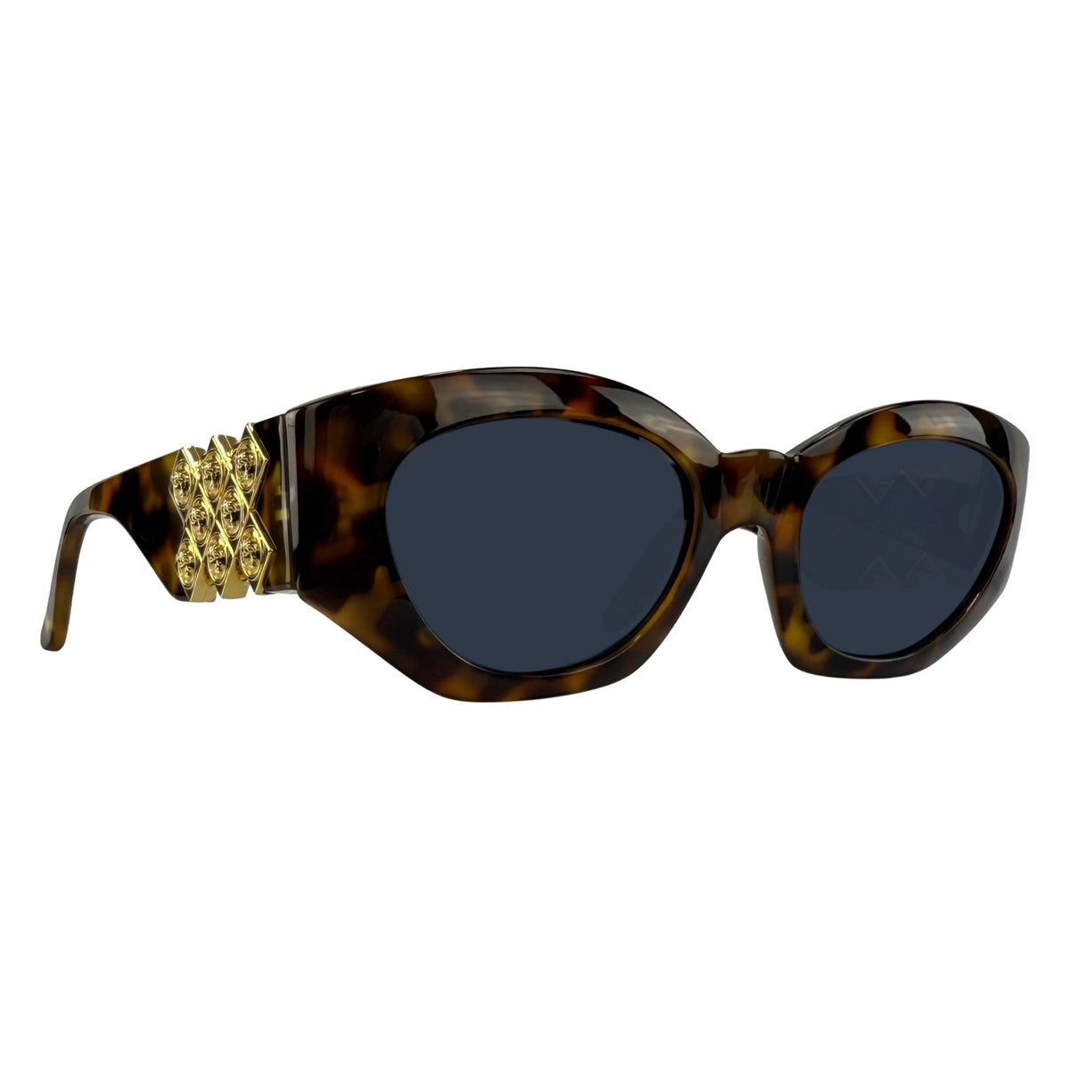 1990s Gianni Versace Oversized Gold Medusa Grid Brown Faux Tortoise Shell Sunglasses - RealList