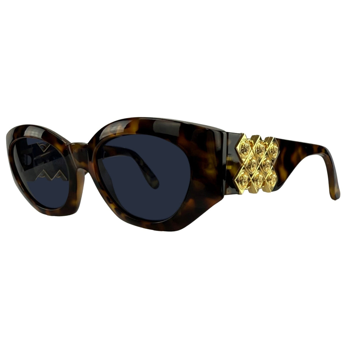 1990s Gianni Versace Oversized Gold Medusa Grid Brown Faux Tortoise Shell Sunglasses - RealList