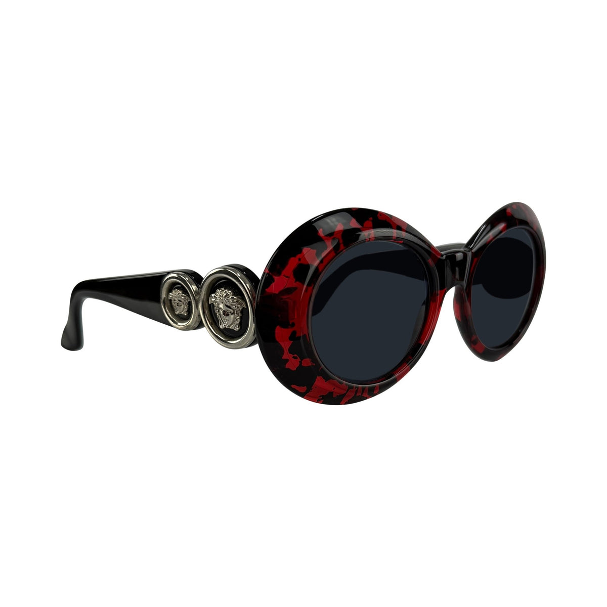 1990s Gianni Versace Red Black Mottled Acrylic Medusa Medallion Sunglasses - RealList