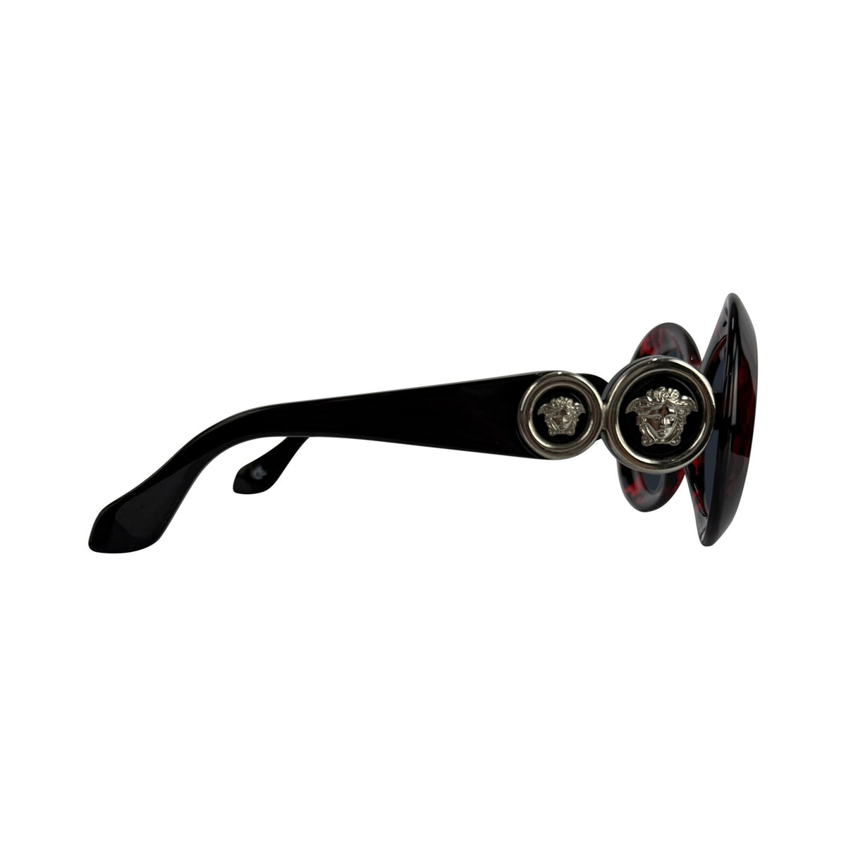 1990s Gianni Versace Red Black Mottled Acrylic Medusa Medallion Sunglasses - RealList