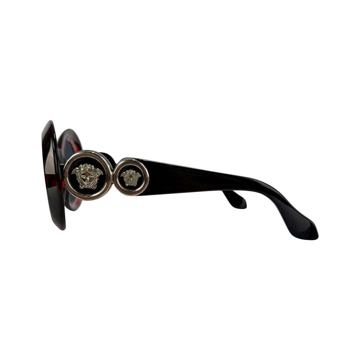 1990s Gianni Versace Red Black Mottled Acrylic Medusa Medallion Sunglasses - RealList