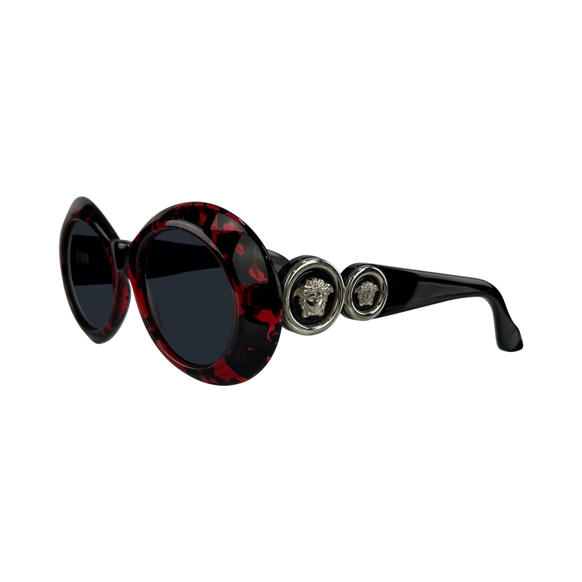 1990s Gianni Versace Red Black Mottled Acrylic Medusa Medallion Sunglasses - RealList