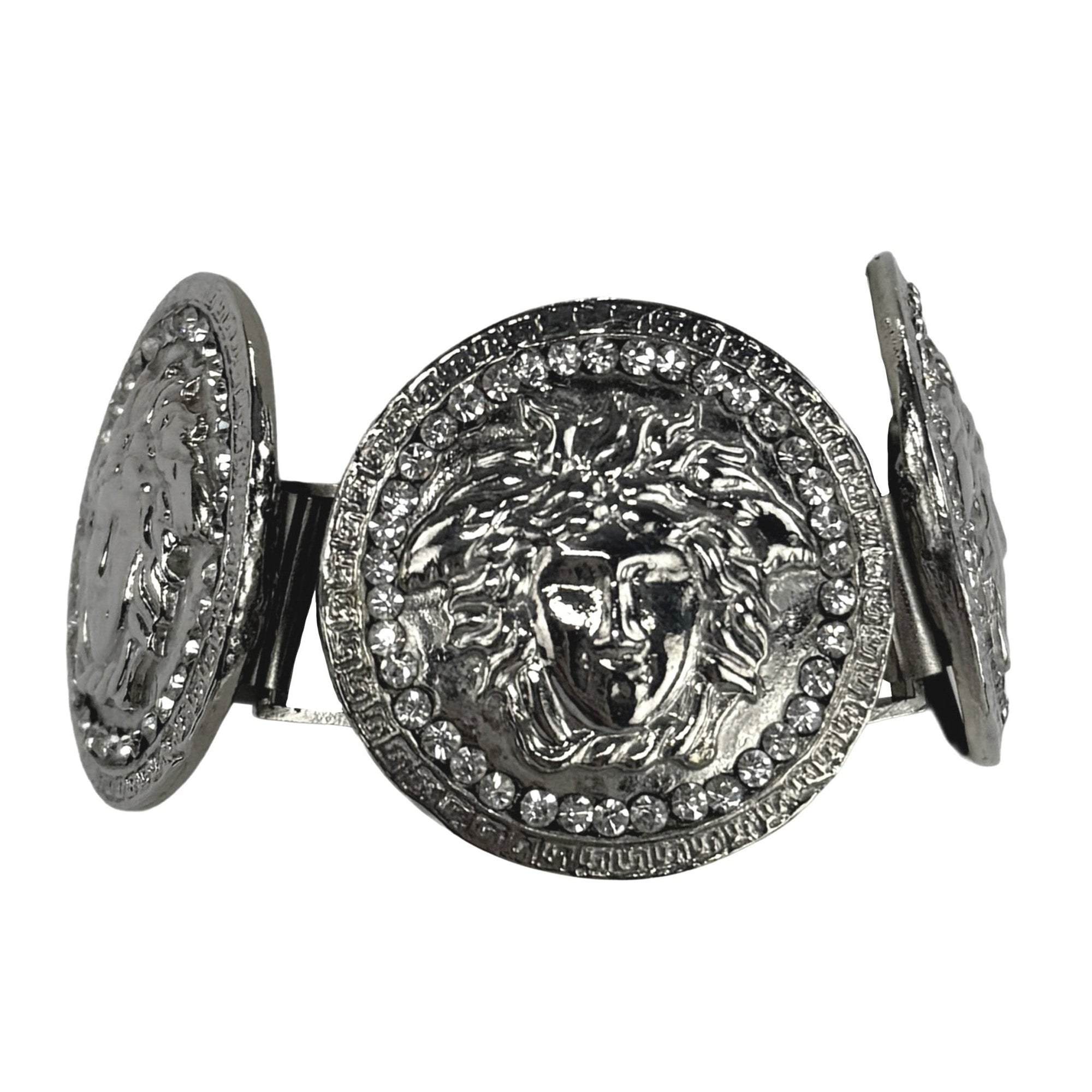 1990s Gianni Versace Rhinestone Medusa Medallion Silvertone Bracelet - RealList