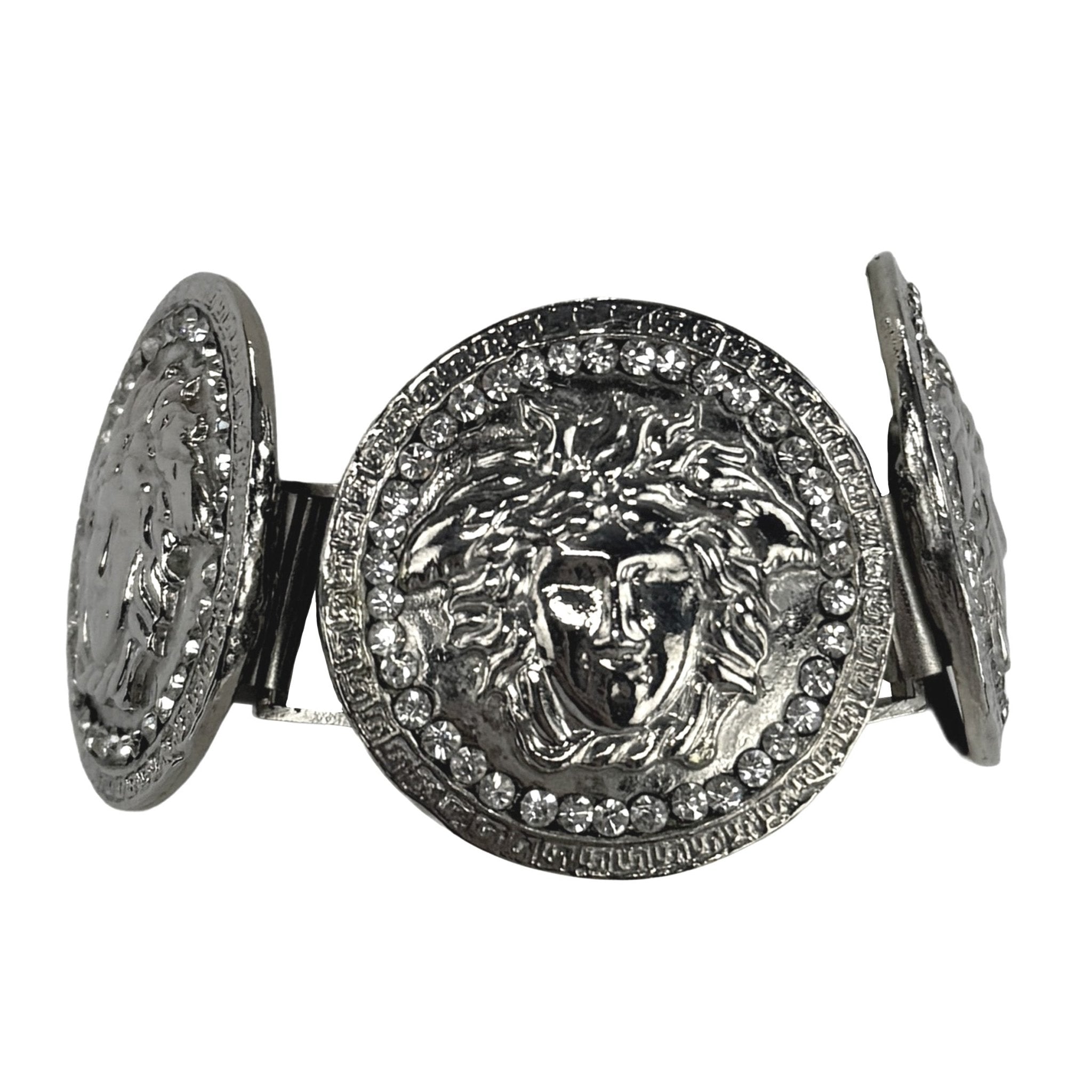 1990s Gianni Versace Rhinestone Medusa Medallion Silvertone Bracelet - RealList