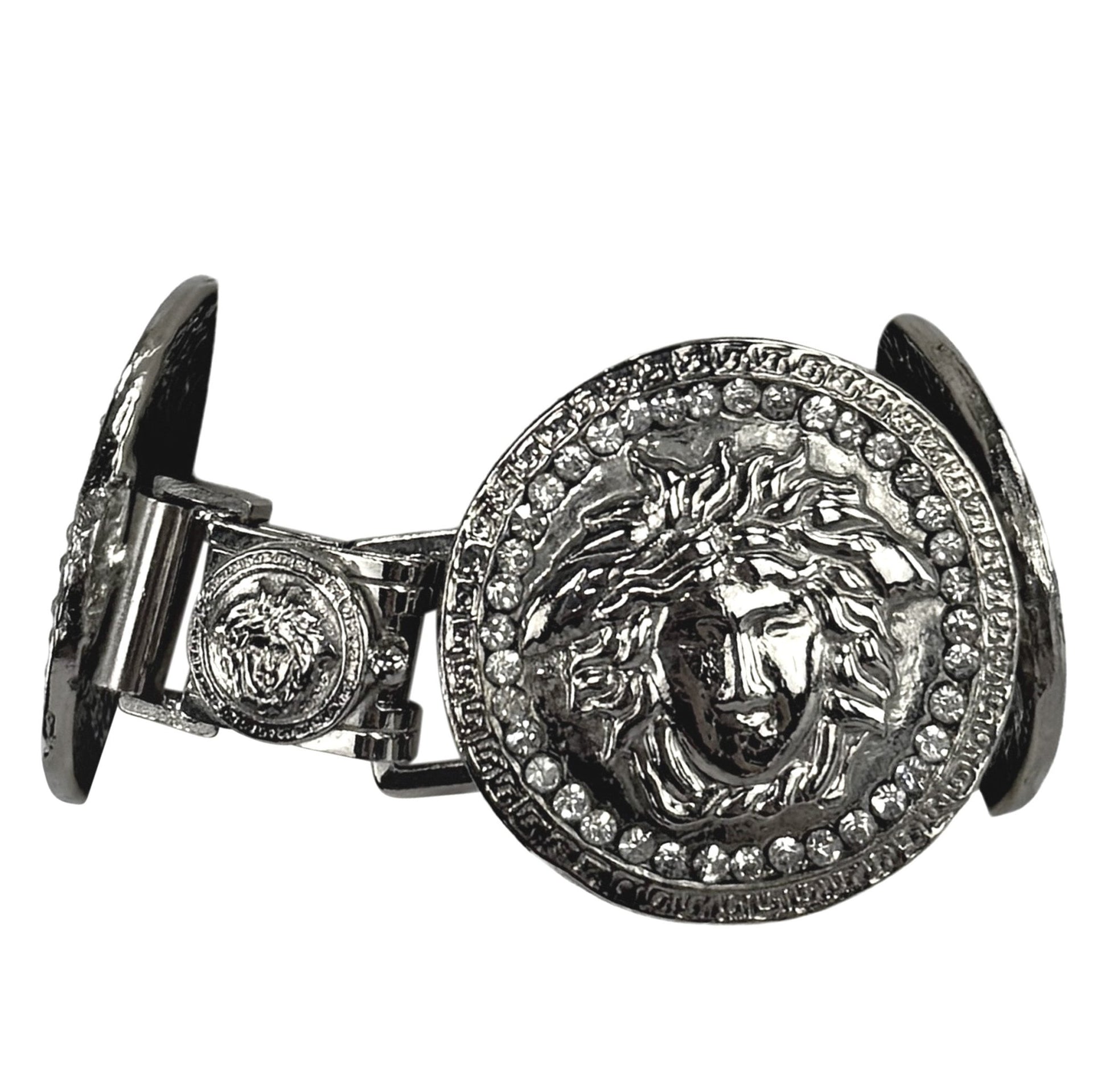1990s Gianni Versace Rhinestone Medusa Medallion Silvertone Bracelet - RealList