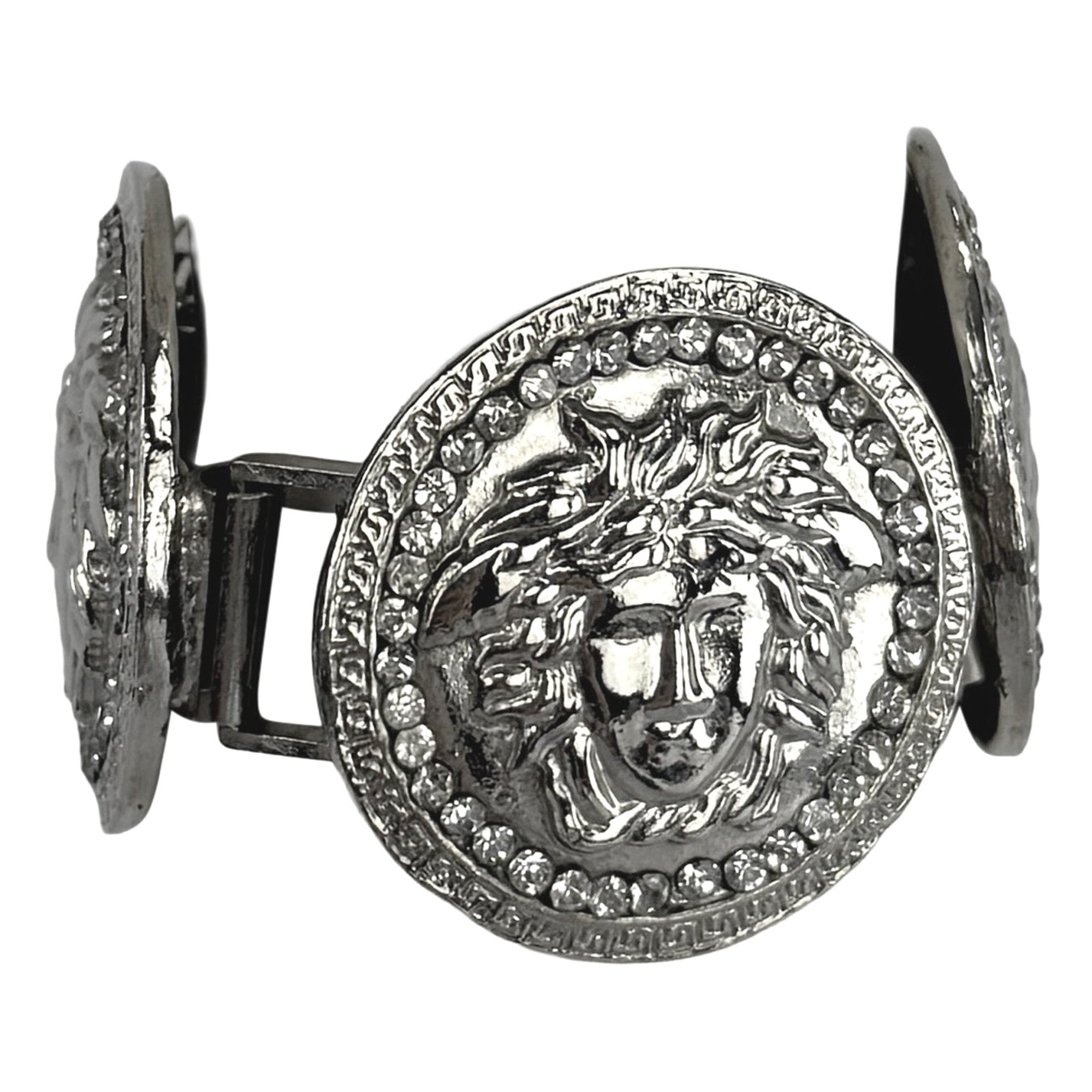 1990s Gianni Versace Rhinestone Medusa Medallion Silvertone Bracelet - RealList