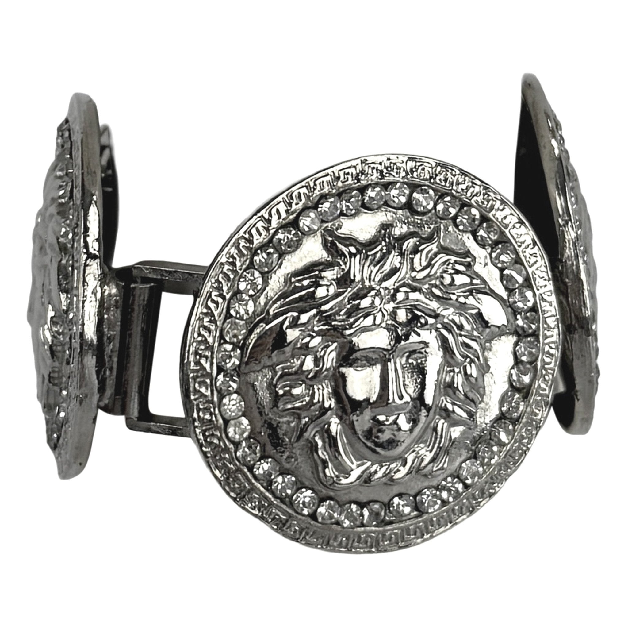 1990s Gianni Versace Rhinestone Medusa Medallion Silvertone Bracelet - RealList