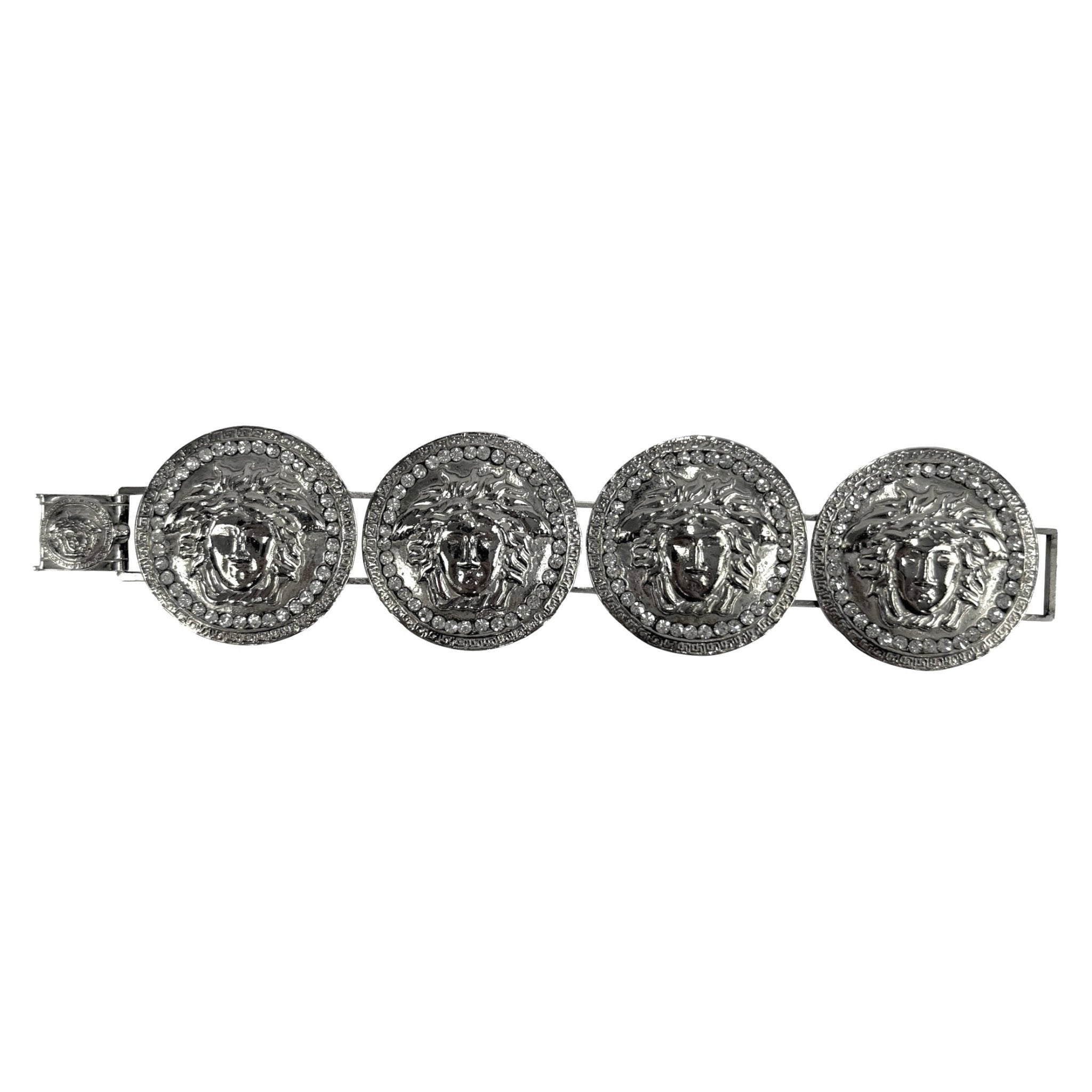 1990s Gianni Versace Rhinestone Medusa Medallion Silvertone Bracelet - RealList