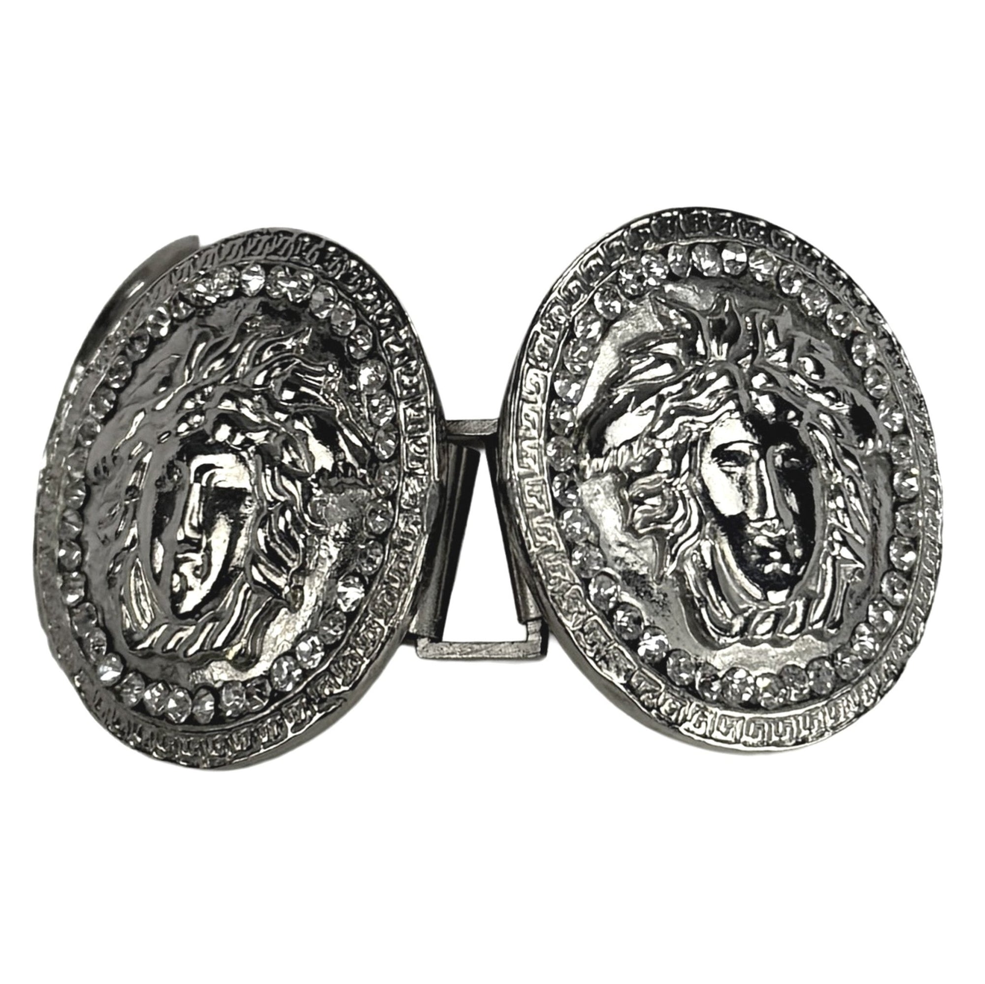 1990s Gianni Versace Rhinestone Medusa Medallion Silvertone Bracelet - RealList