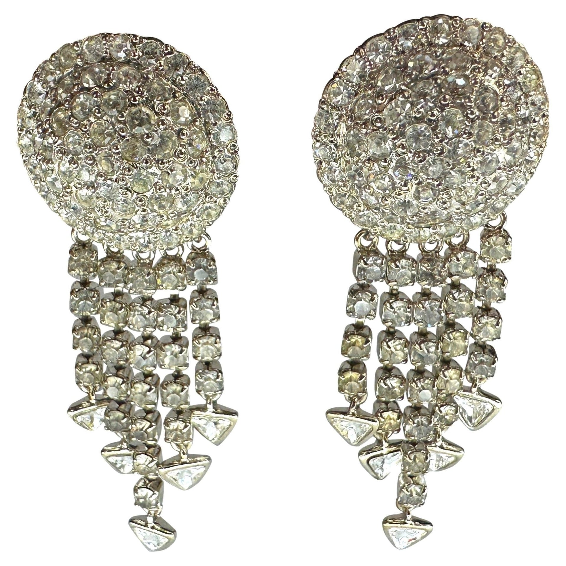 1990s Gianni Versace Silver Rhinestone Drop Clip on Earrings - RealList