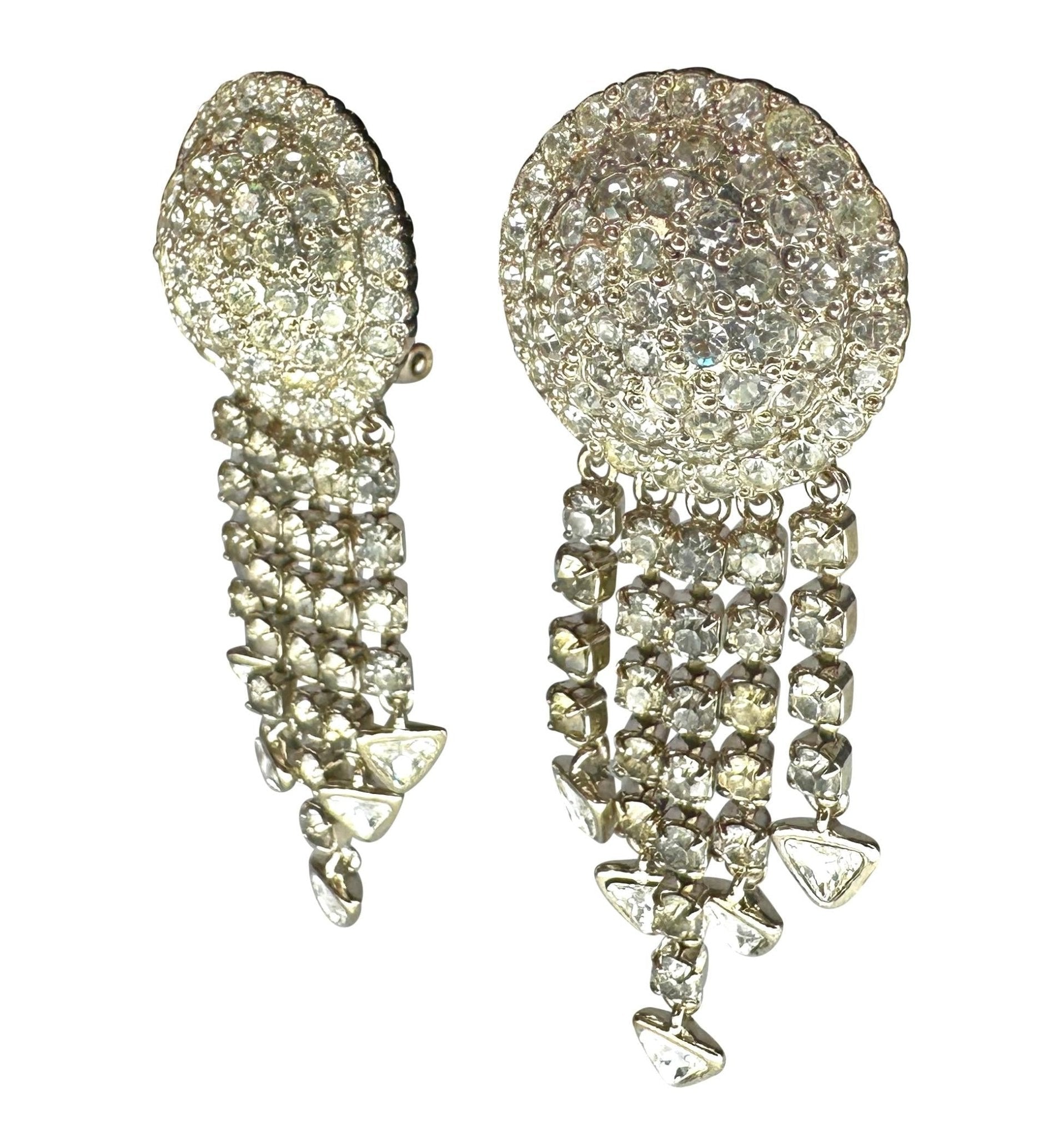 1990s Gianni Versace Silver Rhinestone Drop Clip on Earrings - RealList