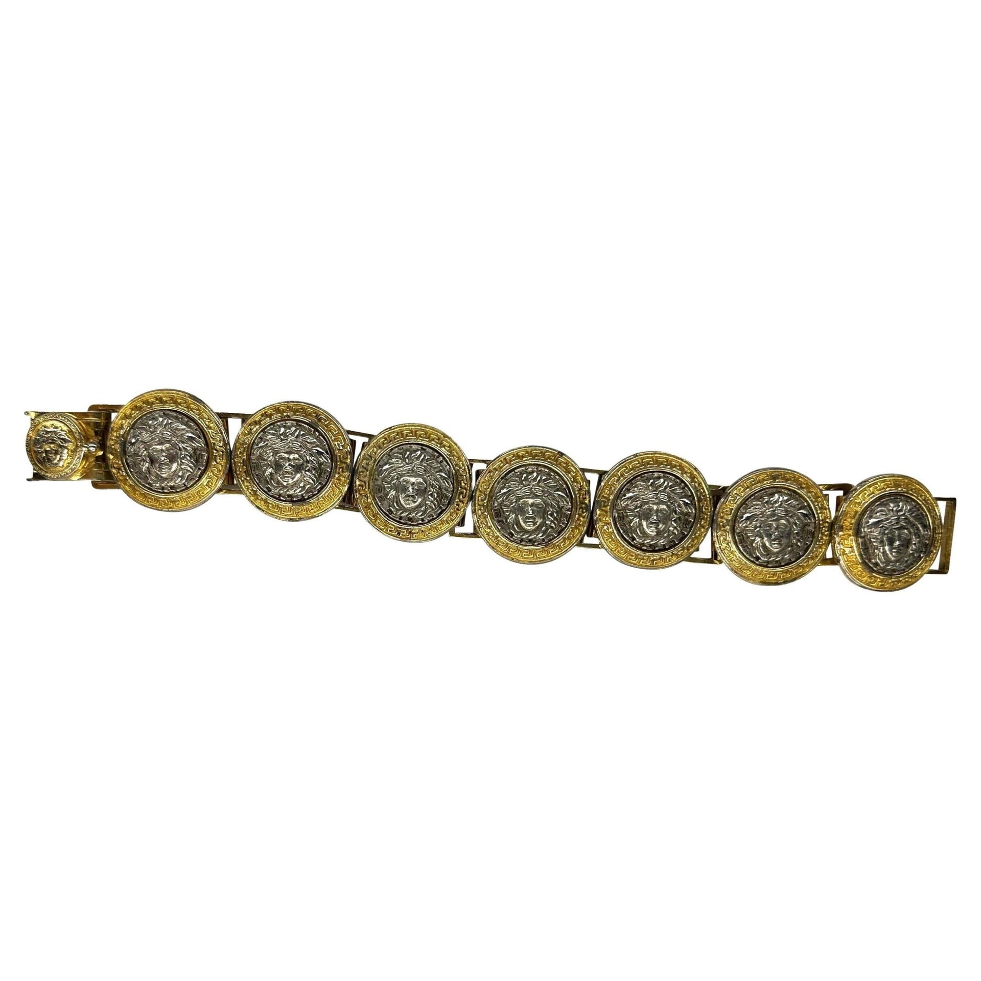 1990s Gianni Versace Silver Rhinestone Medusa Medallion Costume Link Bracelet - RealList