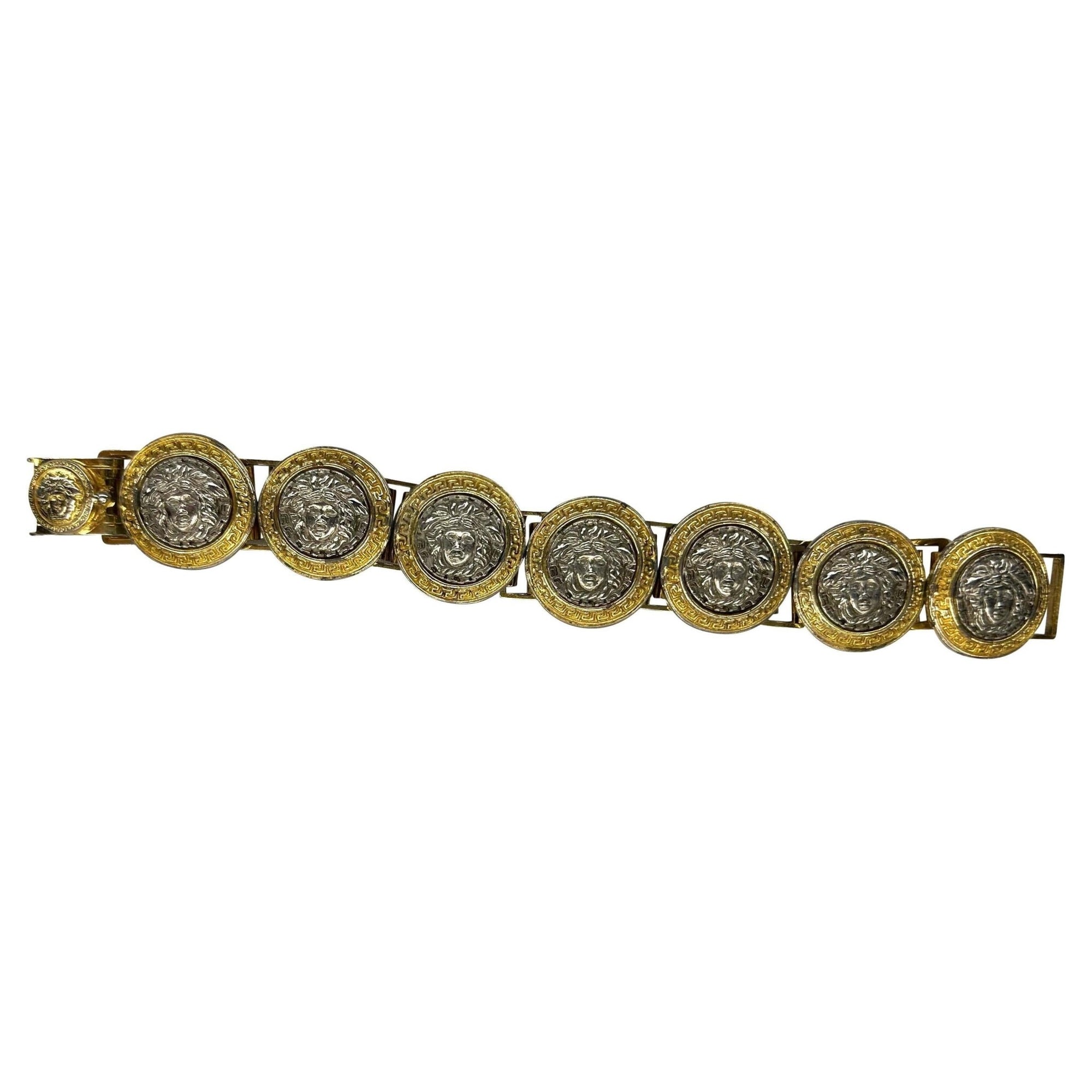 1990s Gianni Versace Silver Rhinestone Medusa Medallion Costume Link Bracelet - RealList