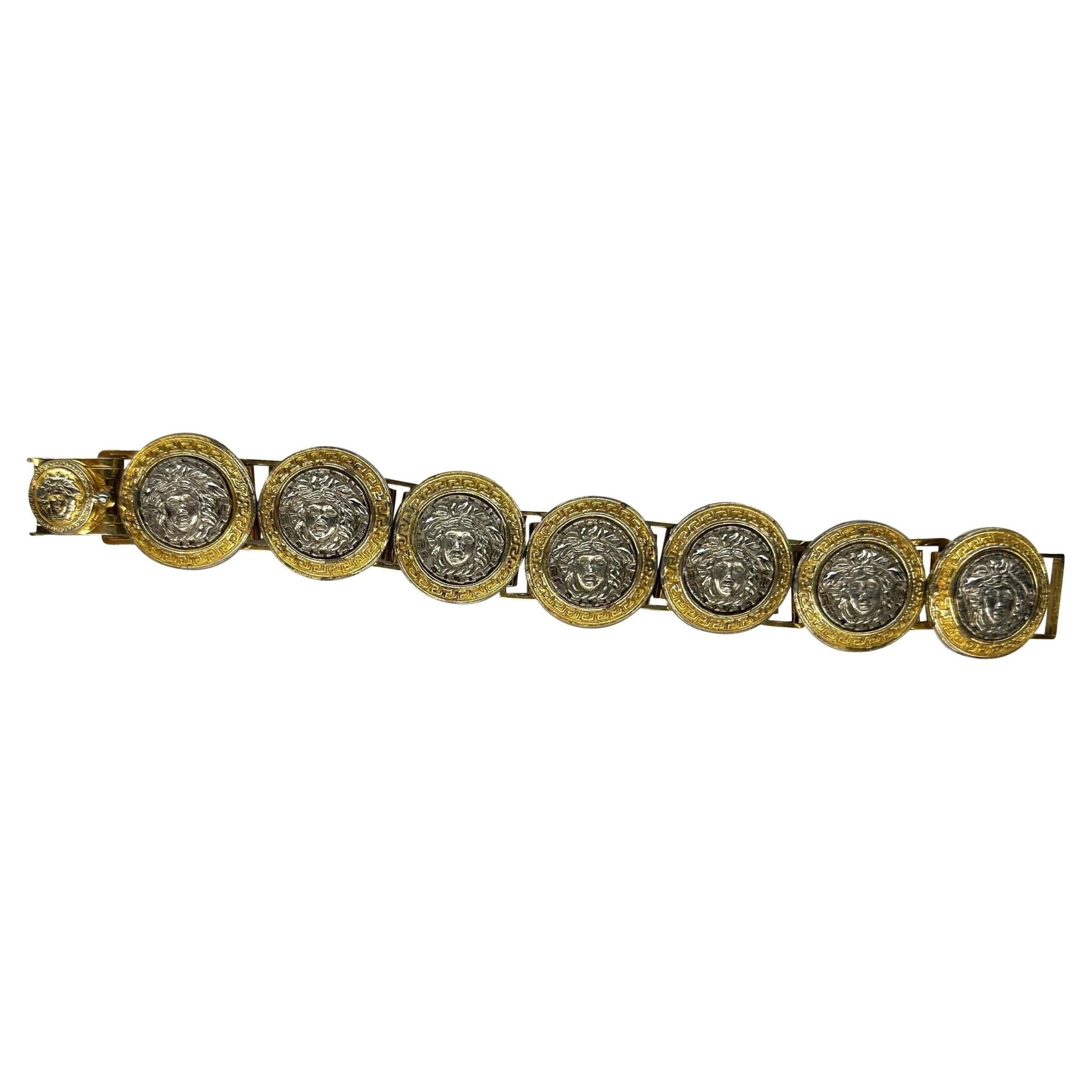 1990s Gianni Versace Silver Rhinestone Medusa Medallion Costume Link Bracelet - RealList