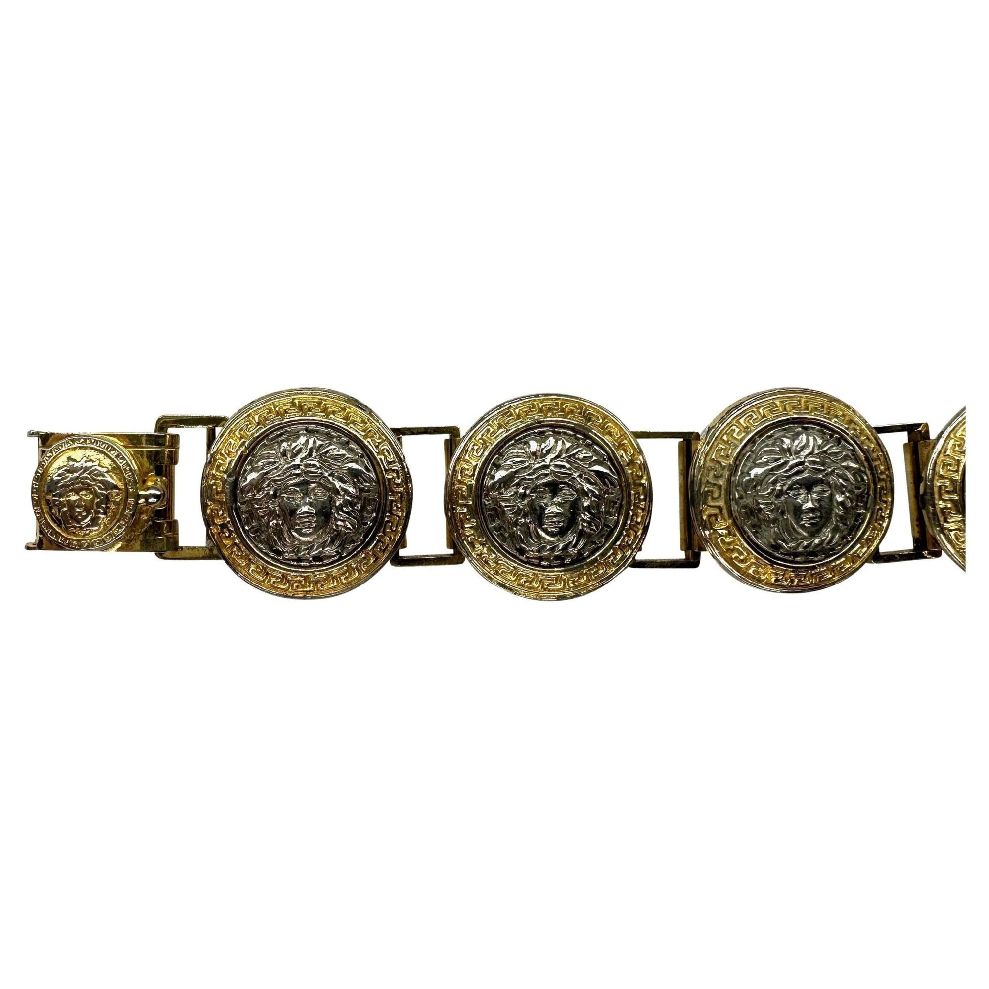 1990s Gianni Versace Silver Rhinestone Medusa Medallion Costume Link Bracelet - RealList