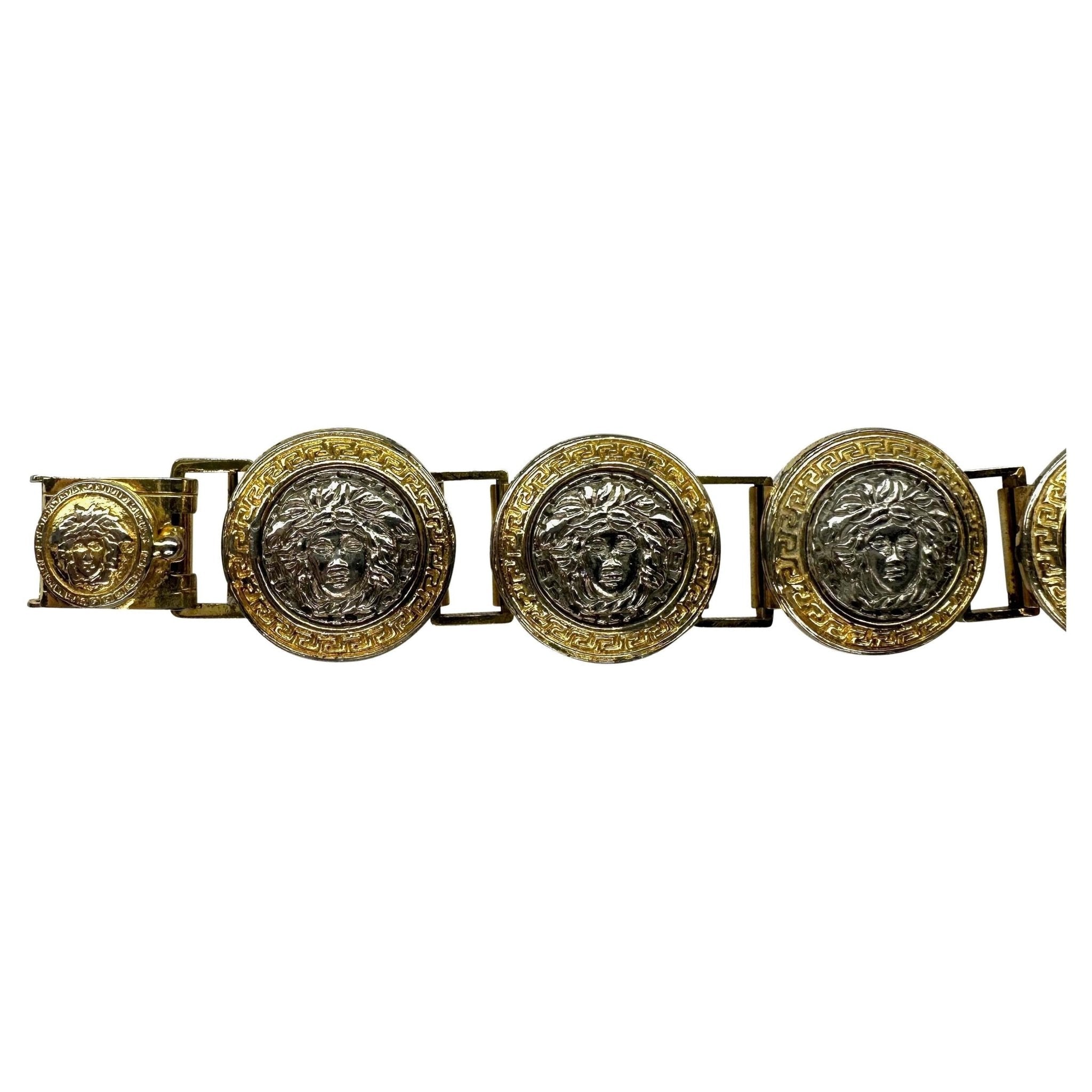 1990s Gianni Versace Silver Rhinestone Medusa Medallion Costume Link Bracelet - RealList