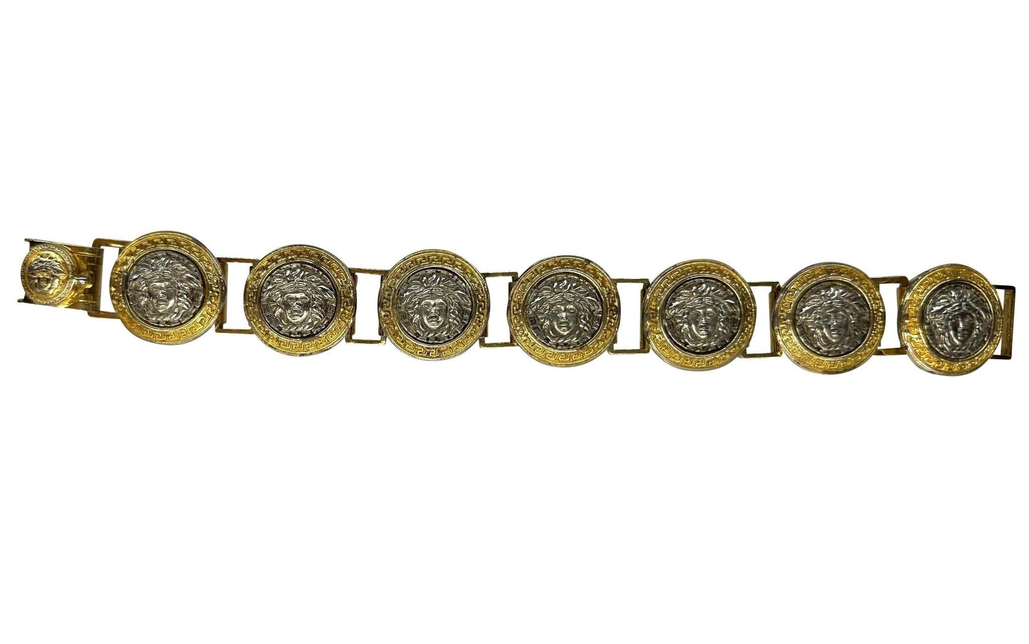 1990s Gianni Versace Silver Rhinestone Medusa Medallion Costume Link Bracelet - RealList