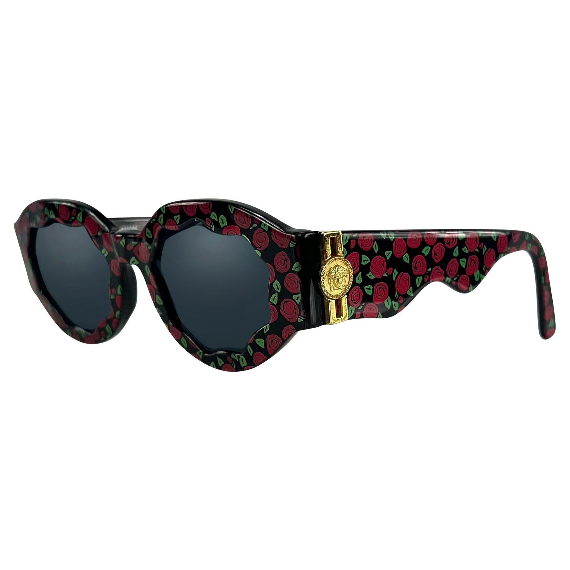 1990s Gianni Versace Wavy Frame Rose Print Medusa Logo Chunky Sunglassess - RealList