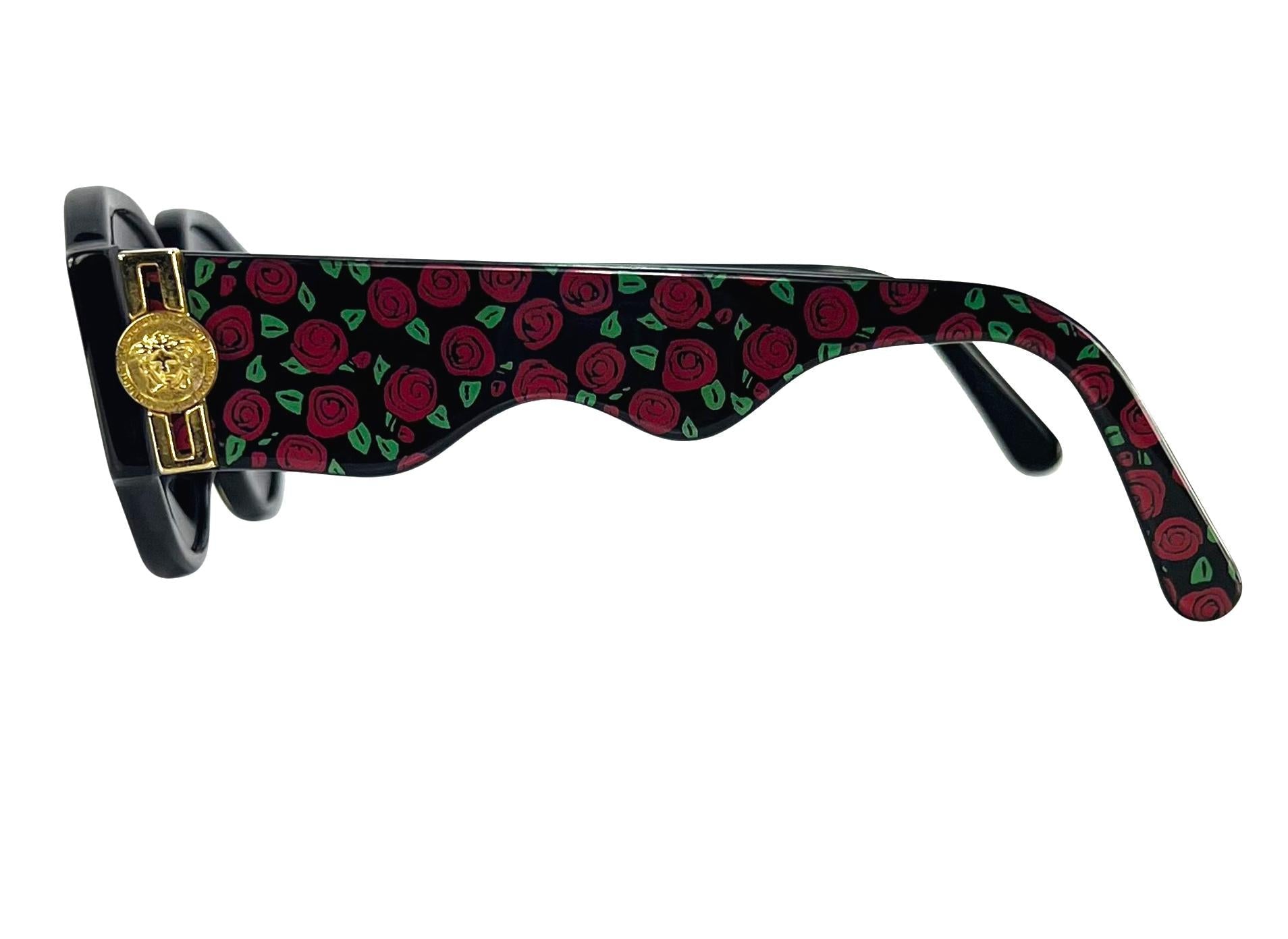 1990s Gianni Versace Wavy Frame Rose Print Medusa Logo Chunky Sunglassess - RealList